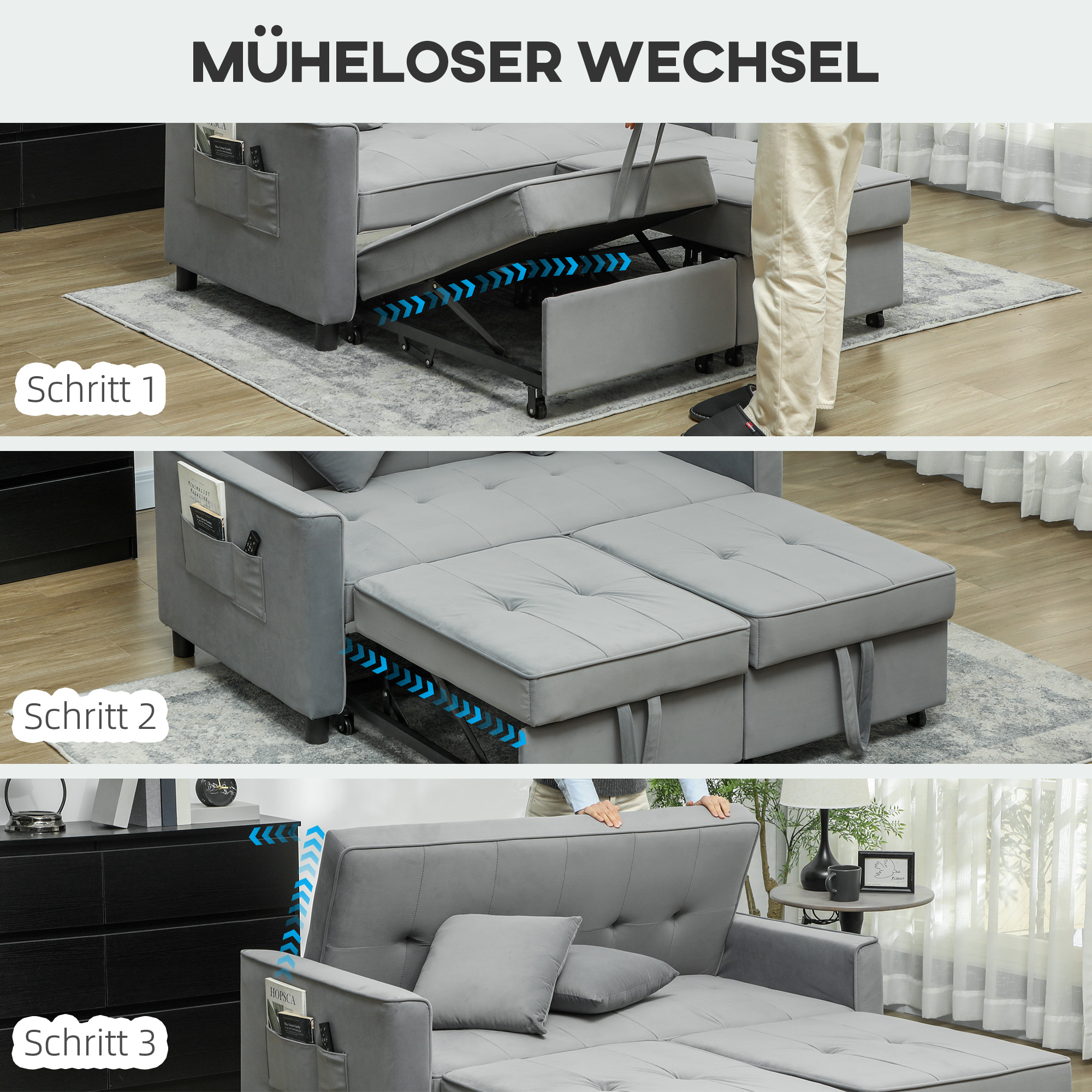 4-in-1 Sofa, Verstellbare Couch, Sofabett, mit Kissen, Stoffbezug, für Wohnzimmer, Schlafzimmer, Grau