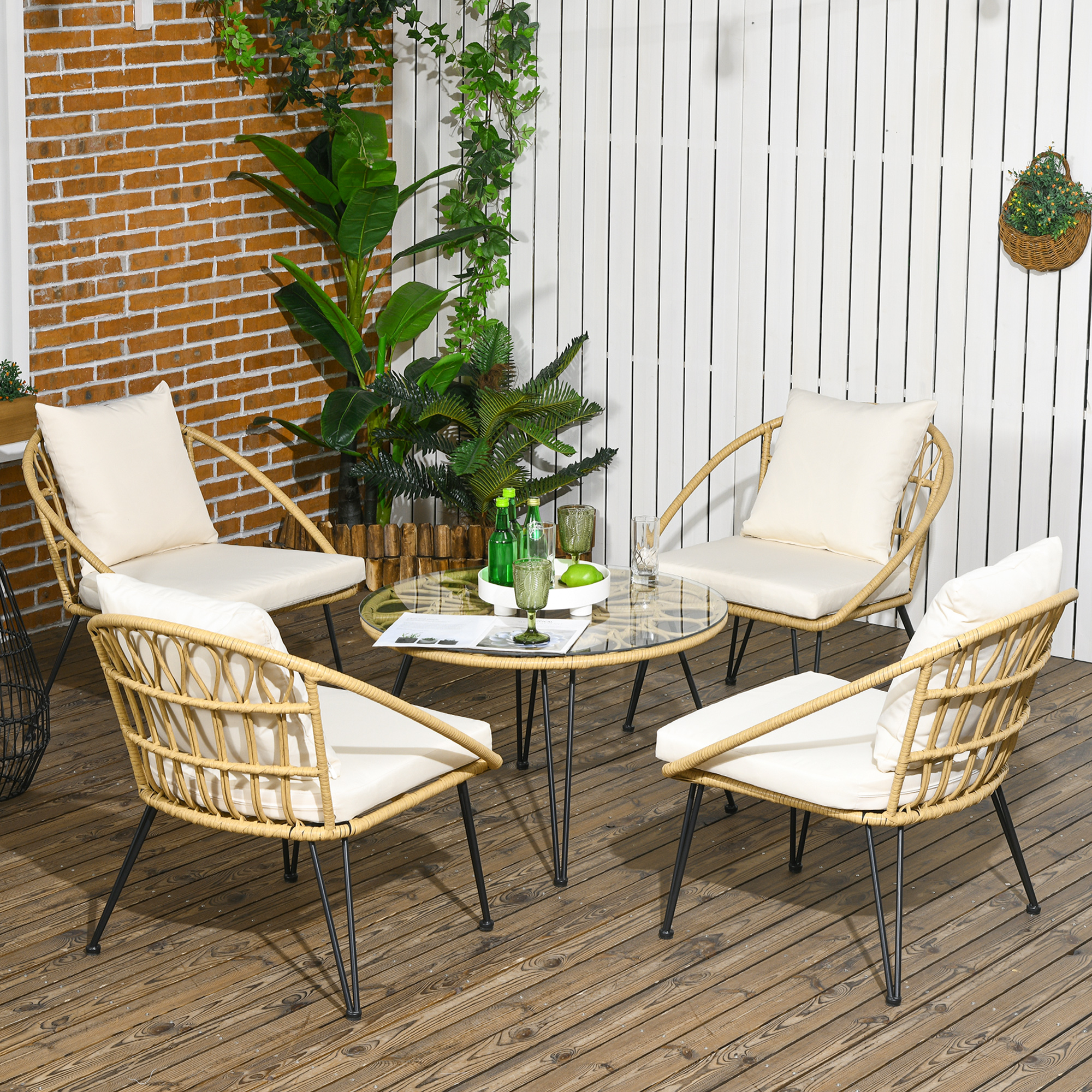 5-teilige Gartensitzgruppe, Boho-Stil, 1 Esstisch & 4 Stühle, Auflagen, Polyrattan, Beige/Natur