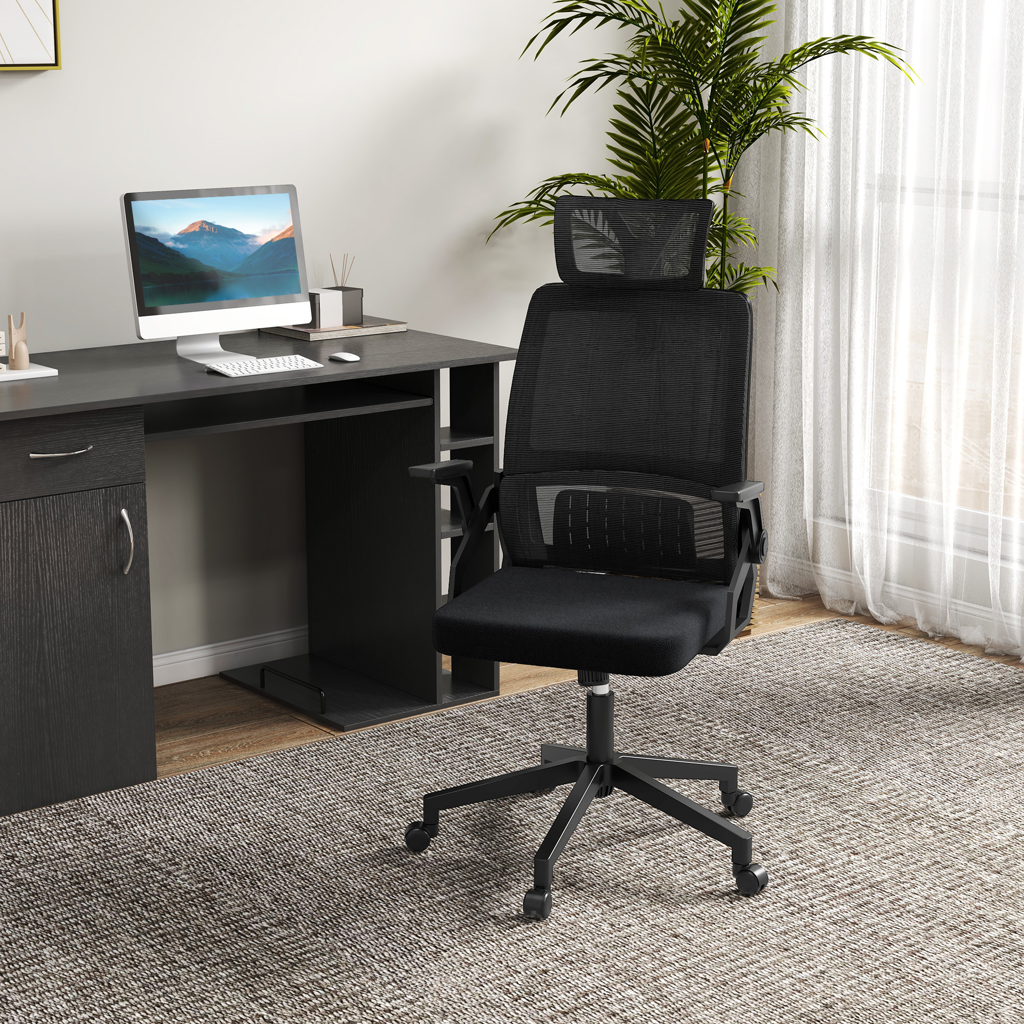 Bürostuhl Schreibtischstuhl Office-Stuhl, höhenverstellbar, 1 Kopfstütze, 60 x 61 x 121,5 cm. Schwarz