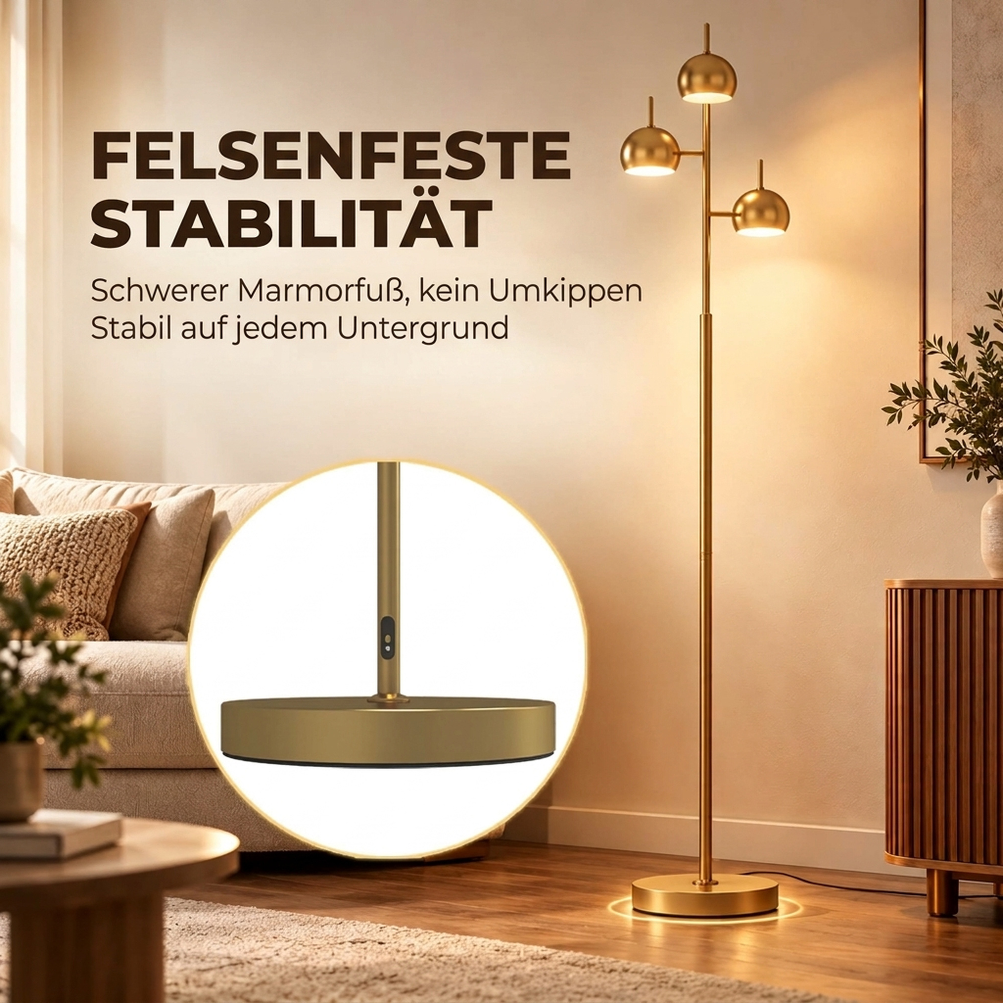 Stehlampe 350° verstellbar für Wohnzimmer und Büro Stehleuchte mit 3 Schirmen aus Stahl Gold