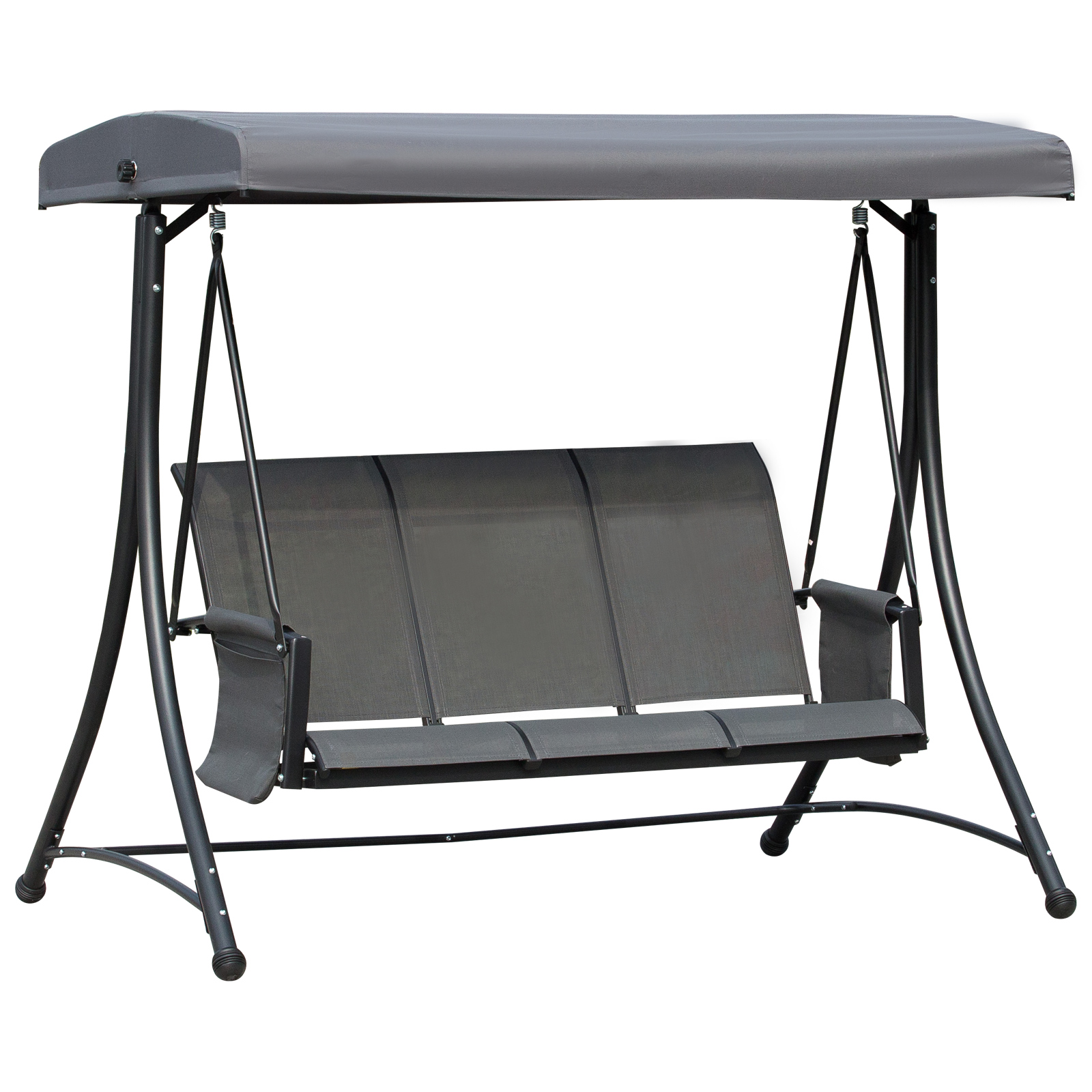 Hollywoodschaukel mit Seitentasche, 3-Sitzer Gartenschaukel mit verstellbarem Sonnendach, Schaukelbank belast bis 300kg, für Garten, Terrasse, 196 x 128 x 172 cm, Dunkelgrau