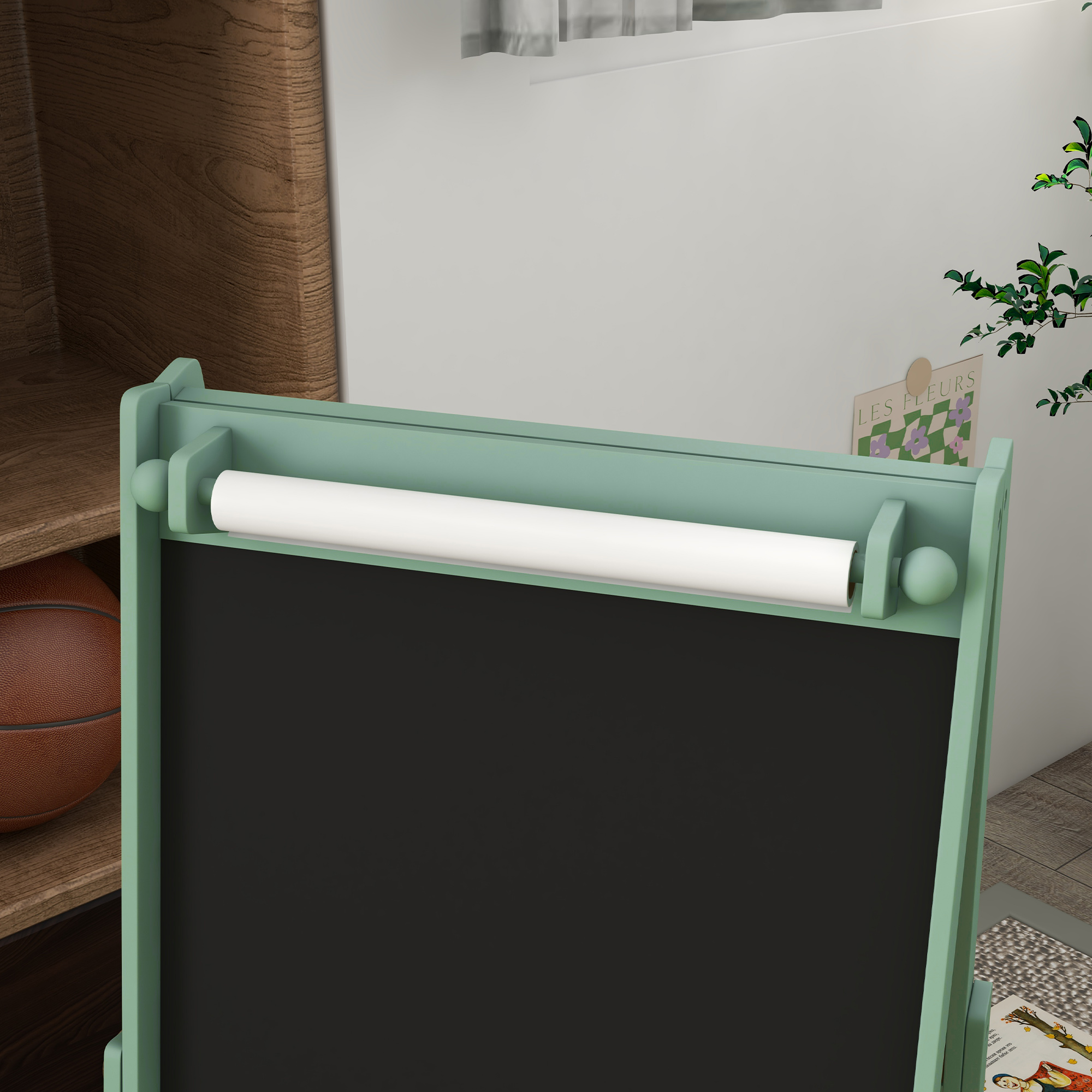 3-in-1 Kinder Staffelei mit Papierrolle, Kreidetafel, Whiteboard, Aufbewahrungskörbe, 54 x 46,5 x 93 cm, grün