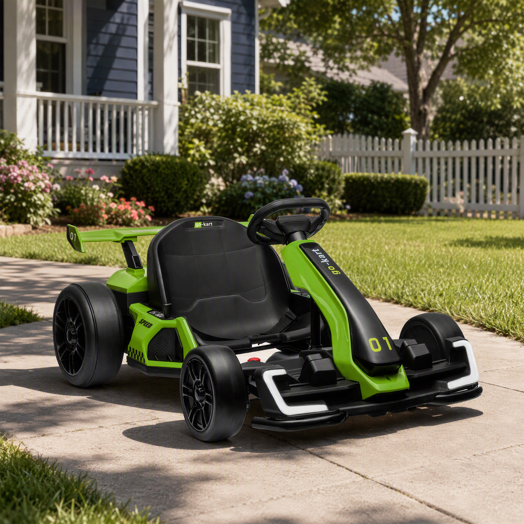 24V Elektro Go-Kart, für Kinder, bis 12 Km/h Gokart mit Drift-Funktion, 2 Motoren, verstellbarer Sitz, Sanftanlauf, grün