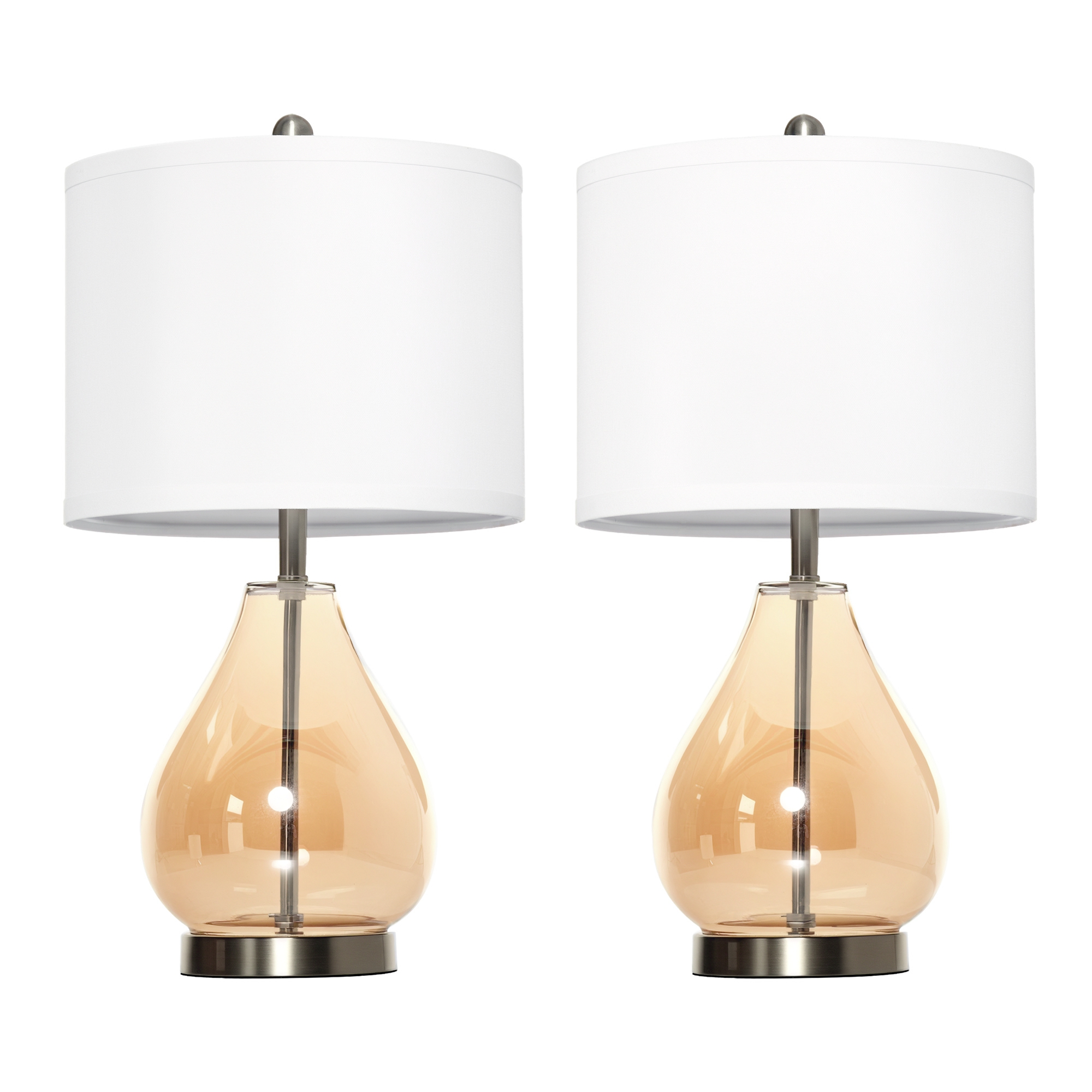 Tischlampe 2er-Set Tischleuchte mit Leinen-Lampenschirm, Glas tropfenförmigen Stangen, Nachttischlampe mit E27-Fassung, für Schlafzimmer, Wohnzimmer, Weiß