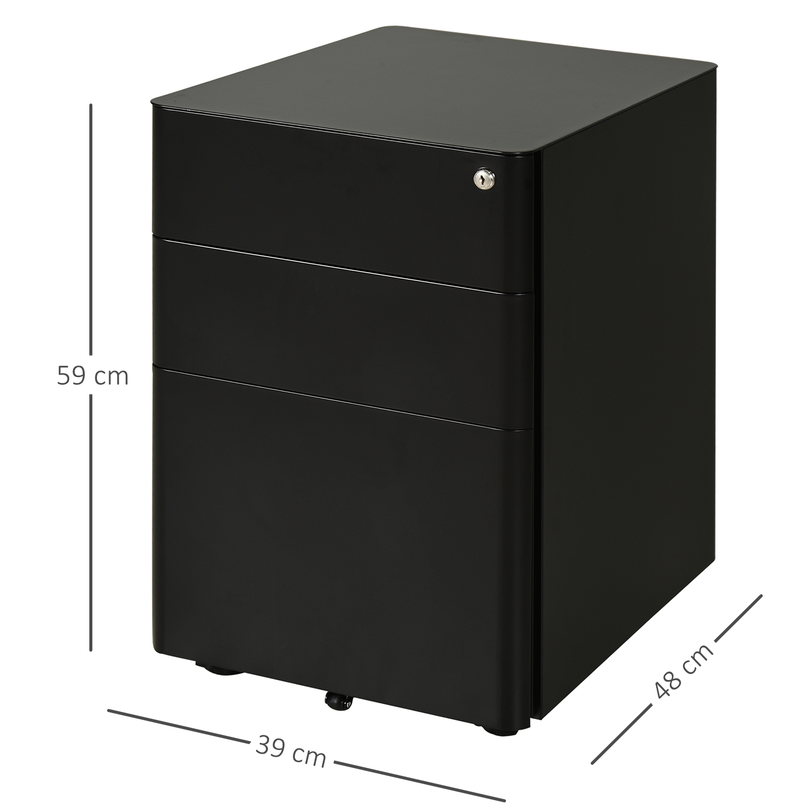 Rollcontainer, mobiler Aktenschrank mit 3 Schubladen, abschließbarer Büroschrank mit Hängeregistratur, Aufbewahrung, Stahl, 39 x 48 x 59 cm Schwarz