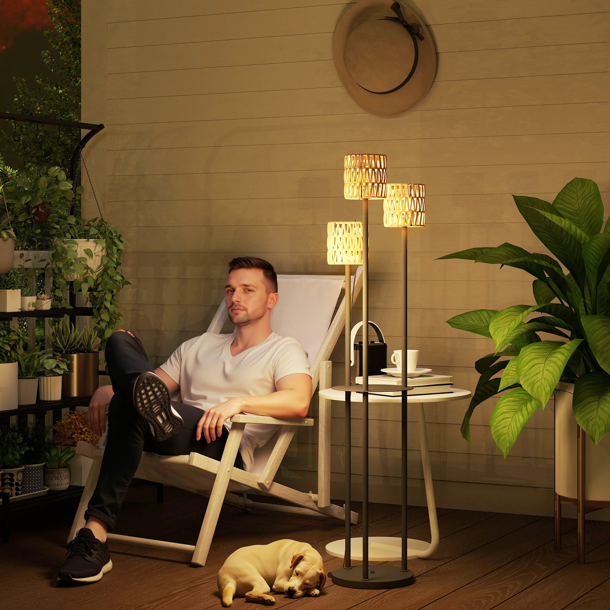 Solar Stehlampe Rattan Solarlampen mit Lichtsensor 3 Lichte Solarleuchte im Boho-Stil IP44 Ø37 x 144H cm