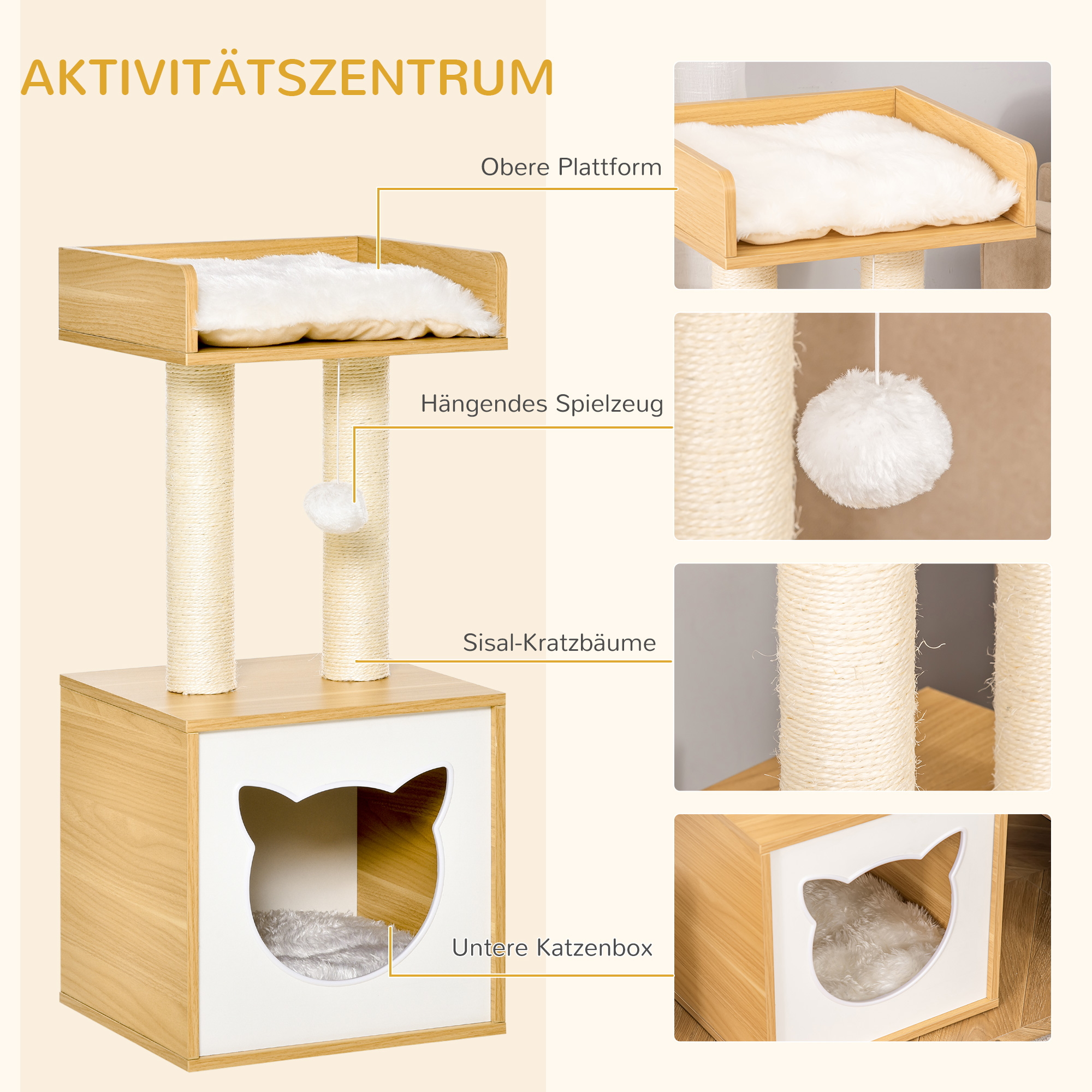 Katzenhöhle mit 2 weichen Kissen Katzenbaum mit Katzenbett Spielzeug Kugel Katzenhaus, Sisal Natur 35 x 35 x 81 cm