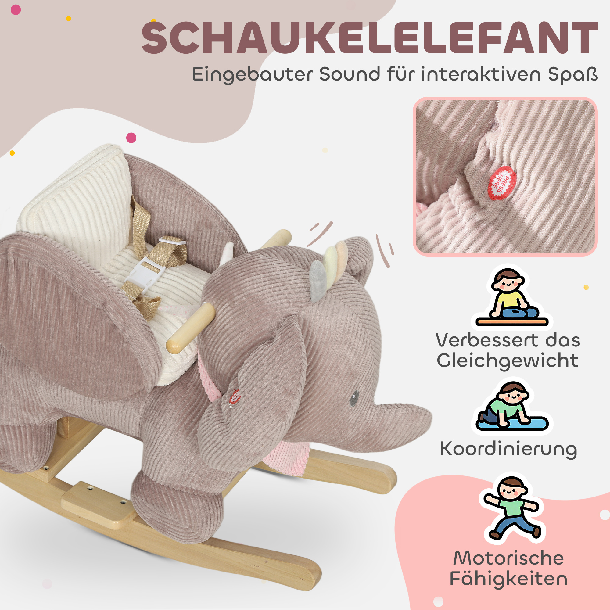 Schaukeltier, Elefant-Schaukel, interaktive Tiergeräusche, Holzrahmen, für Kinder 1,5-3 Jahre, 65 x 35 x 50 cm, Braun