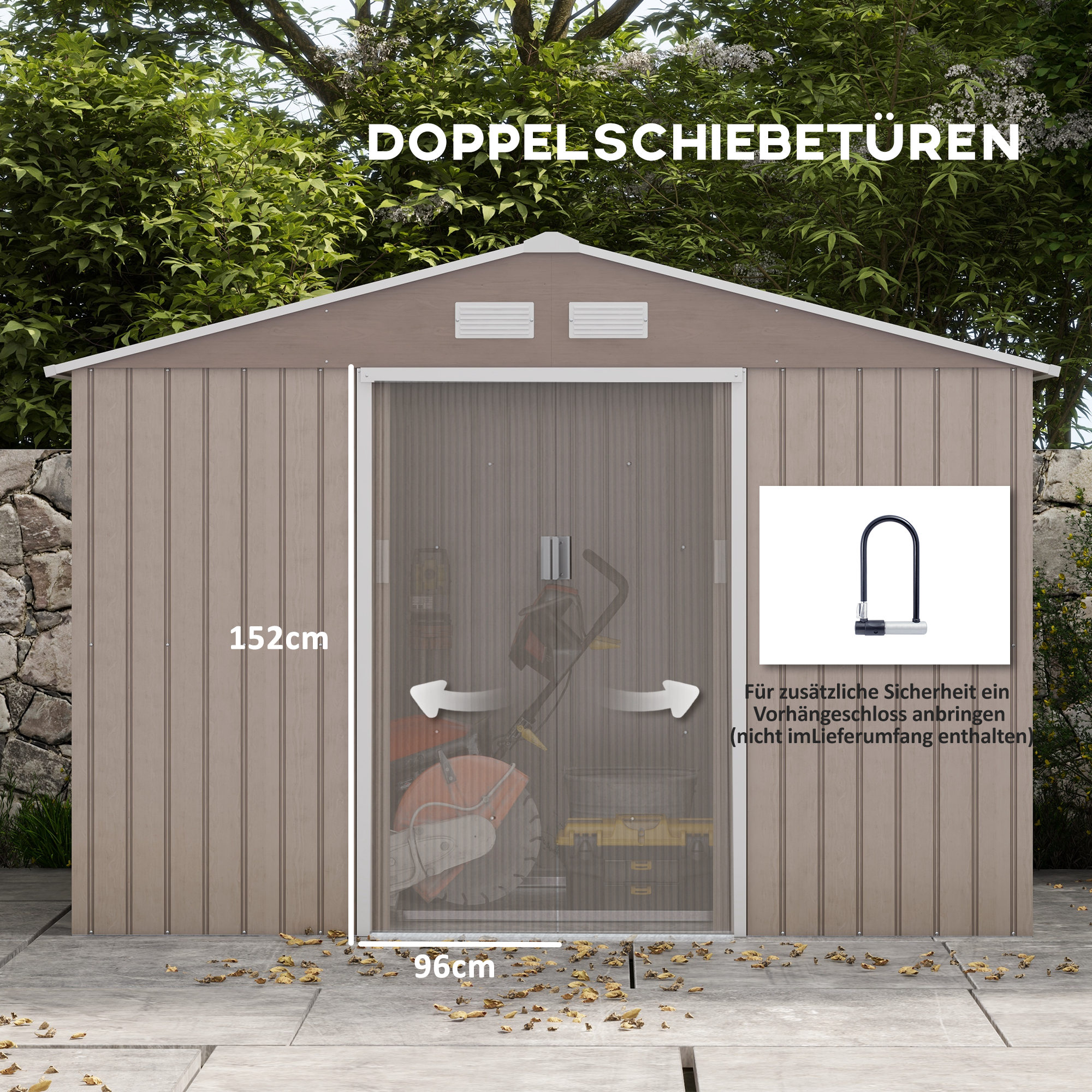 Geräteschuppen, 2 Schiebetüren, 4 Fenster, wetterfest, Metallgehäuse, 2,7 x 1,9 x 1,9 m, Braun