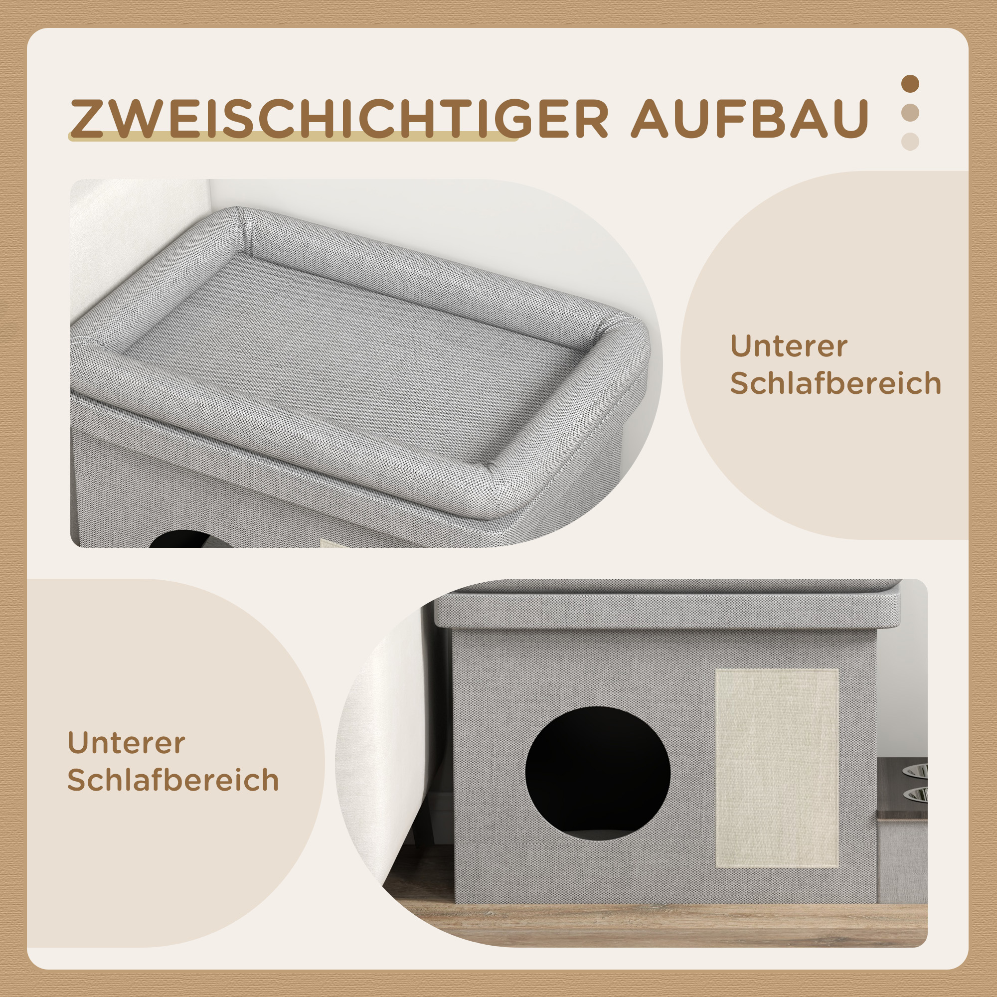 Katzenhaus, Futterplatz mit 2 Edelstahlnäpfen, Kratzmatte, weiches Liegekissen, 78 x 48 x 49,5 cm, grau