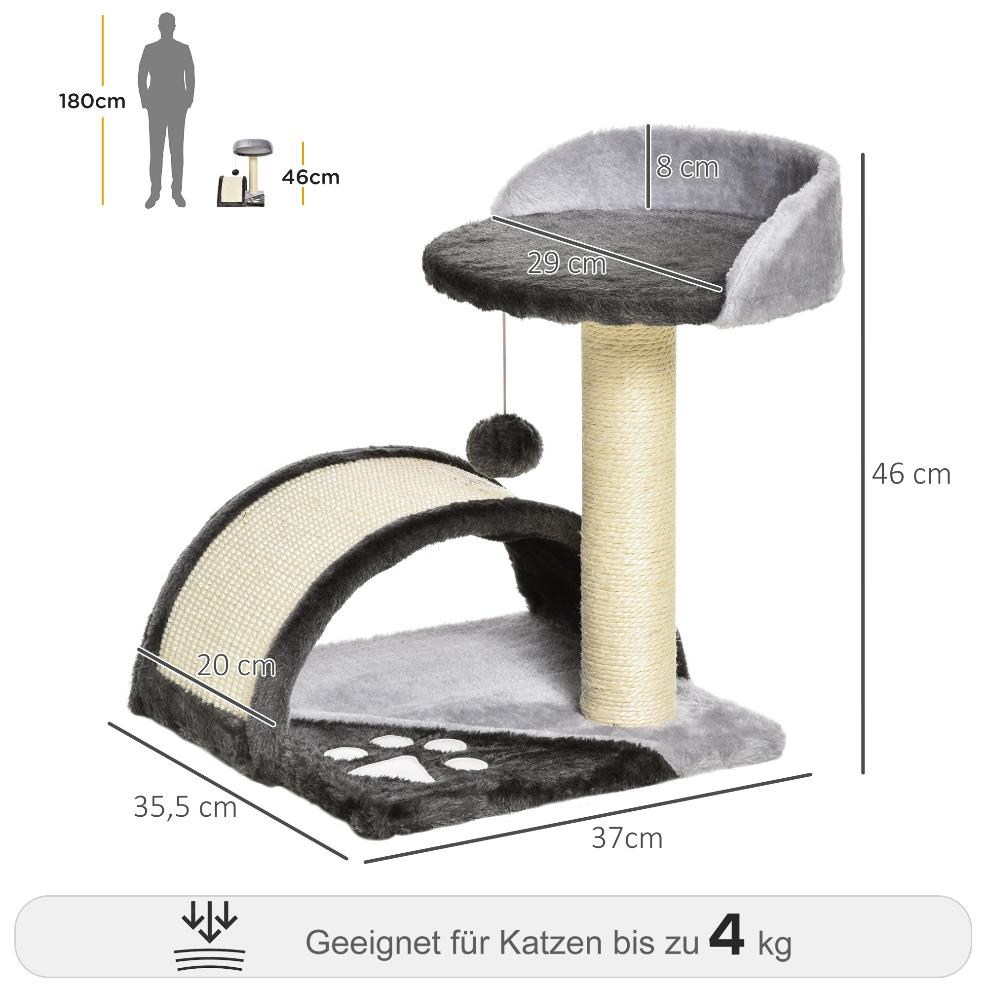 Kratzbaum 46 cm Kleiner Katzenturm mit Höhle, Spielball, Sisal-Seil, erhöhter Plattform, Katzenkratzbaum, Kletterbaum, für Katzen bis zu 4 kg, Dunkelgrau