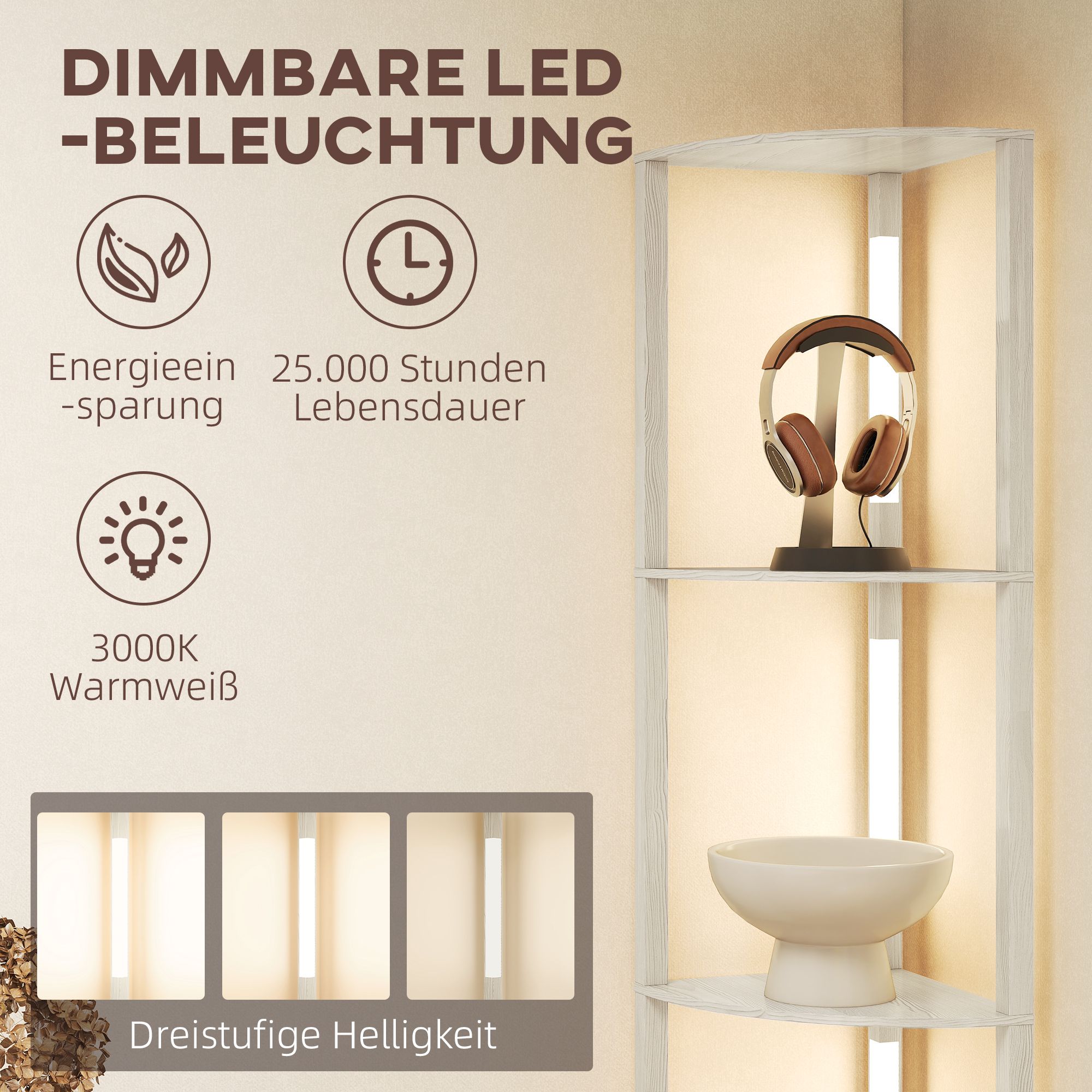 LED Standleuchte, Eckregal, dimmbar, 4 Ablagen, warmweißes Licht, 41x30x164cm, Eiche