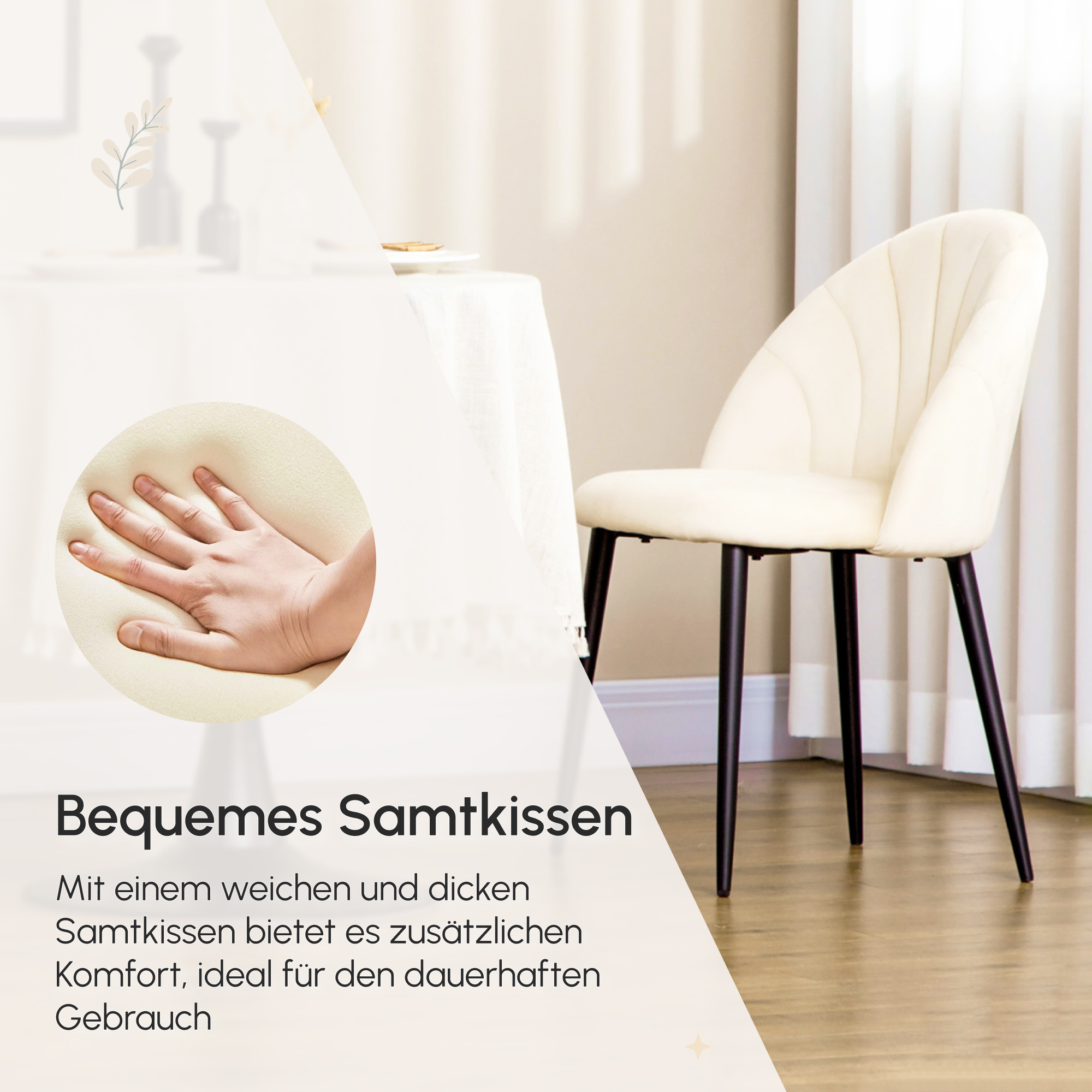 2er-Set Esszimmerstühle im Skandi-Design, Küchenstühle, Samptoptik, Creme + Schwarz