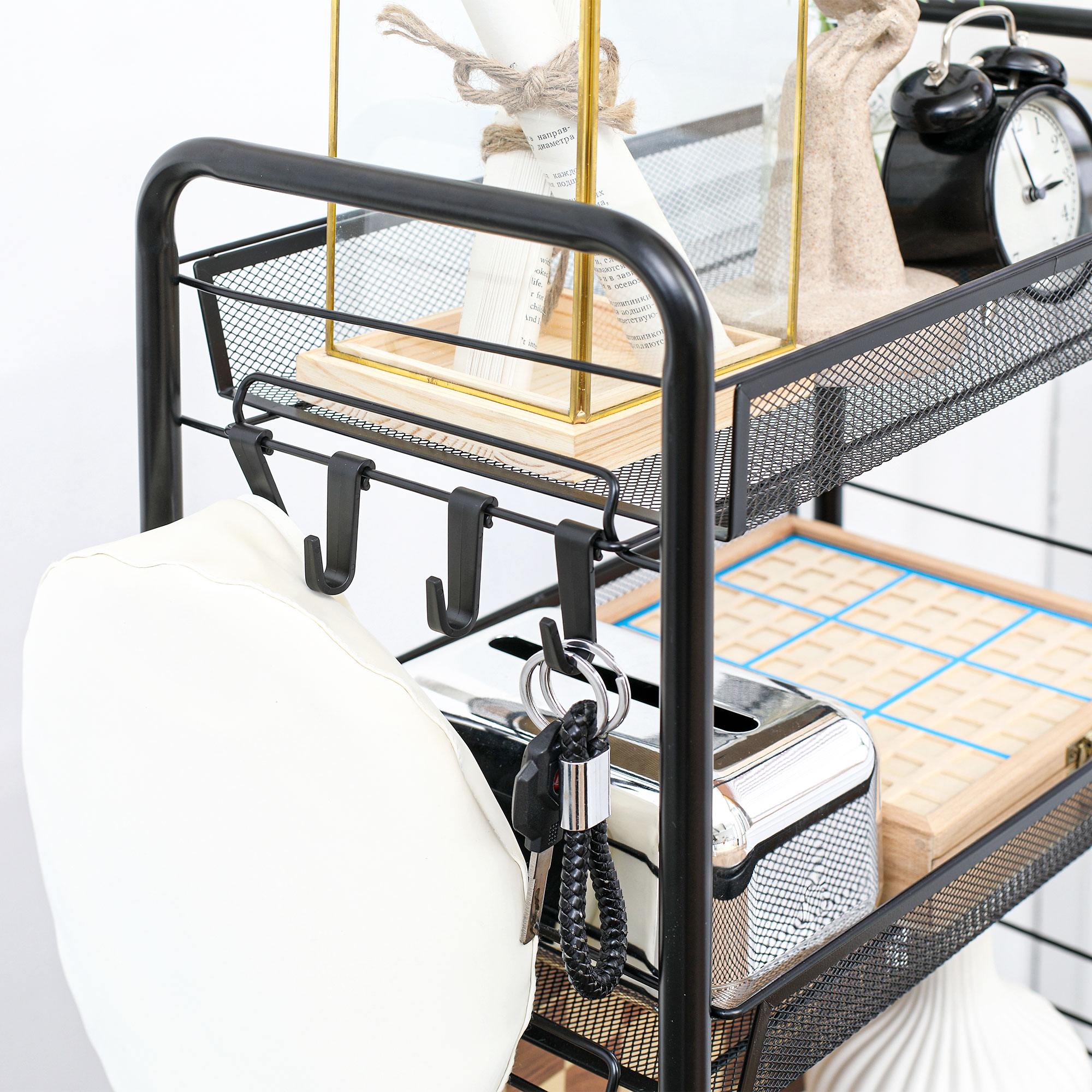 Rollwagen mit 4 Hängekörben, Servierwagen auf Rollen, fahrbar, abnehmbare Haken, Stahl, 45 x 26,5 x 84 cm, Schwarz