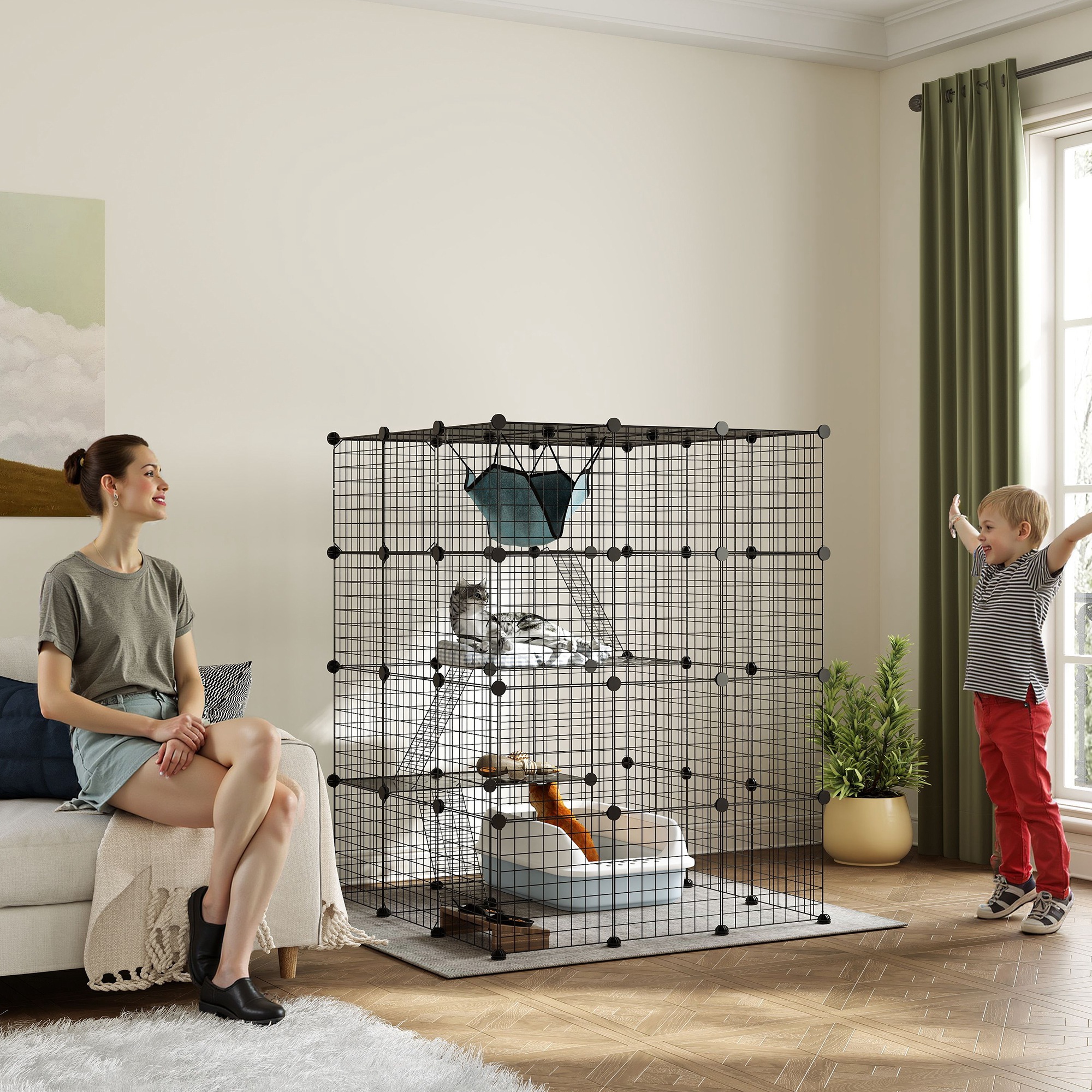Katzenkäfig für Drinnen 4-stöckig DIY-Katzengehege mit dichtem Metalldraht Hängematte Rampe Türen Sprungplattformen