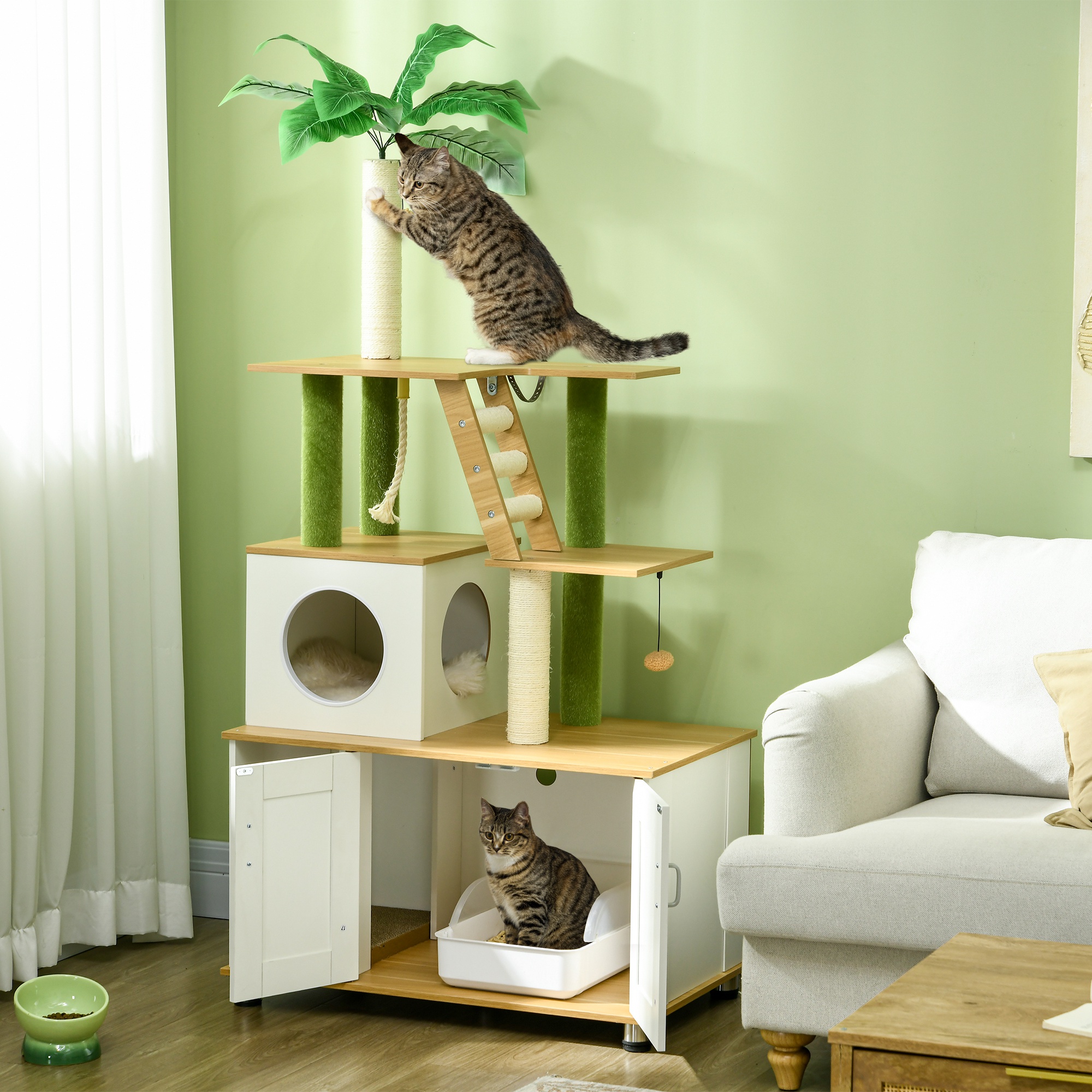 Kratzbaum Katzenbaum, inkl. Schrank, 1 Katzenhöhle, 80 x 48 x 160cm, 1 Leiter, Eiche + Weiß