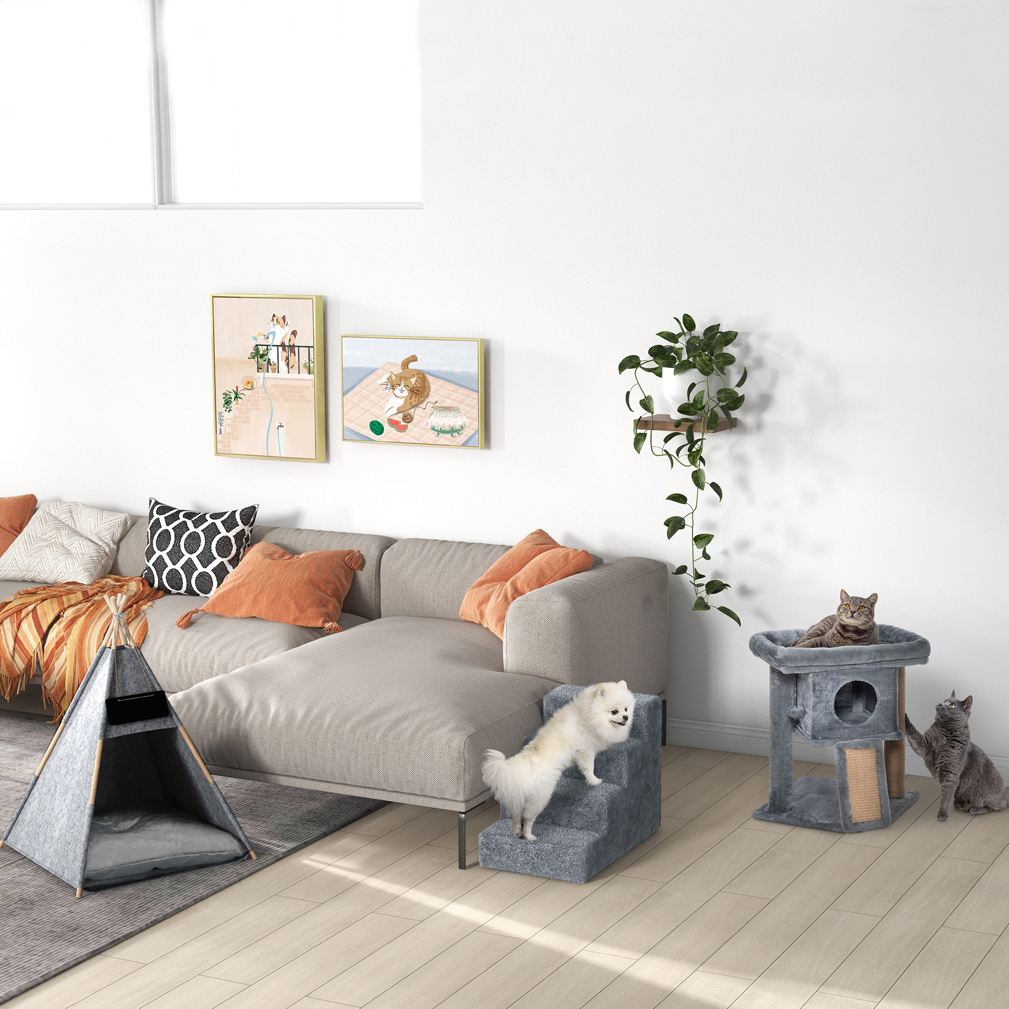 Hundetreppe 4 Stufen 44 cm Hoch Haustiertreppe für Kleine Hunde Katzentreppe Hunderampe mit Waschbar Bezug Einstiegshilfe für Bett, Sofa, Couch Hellgrau