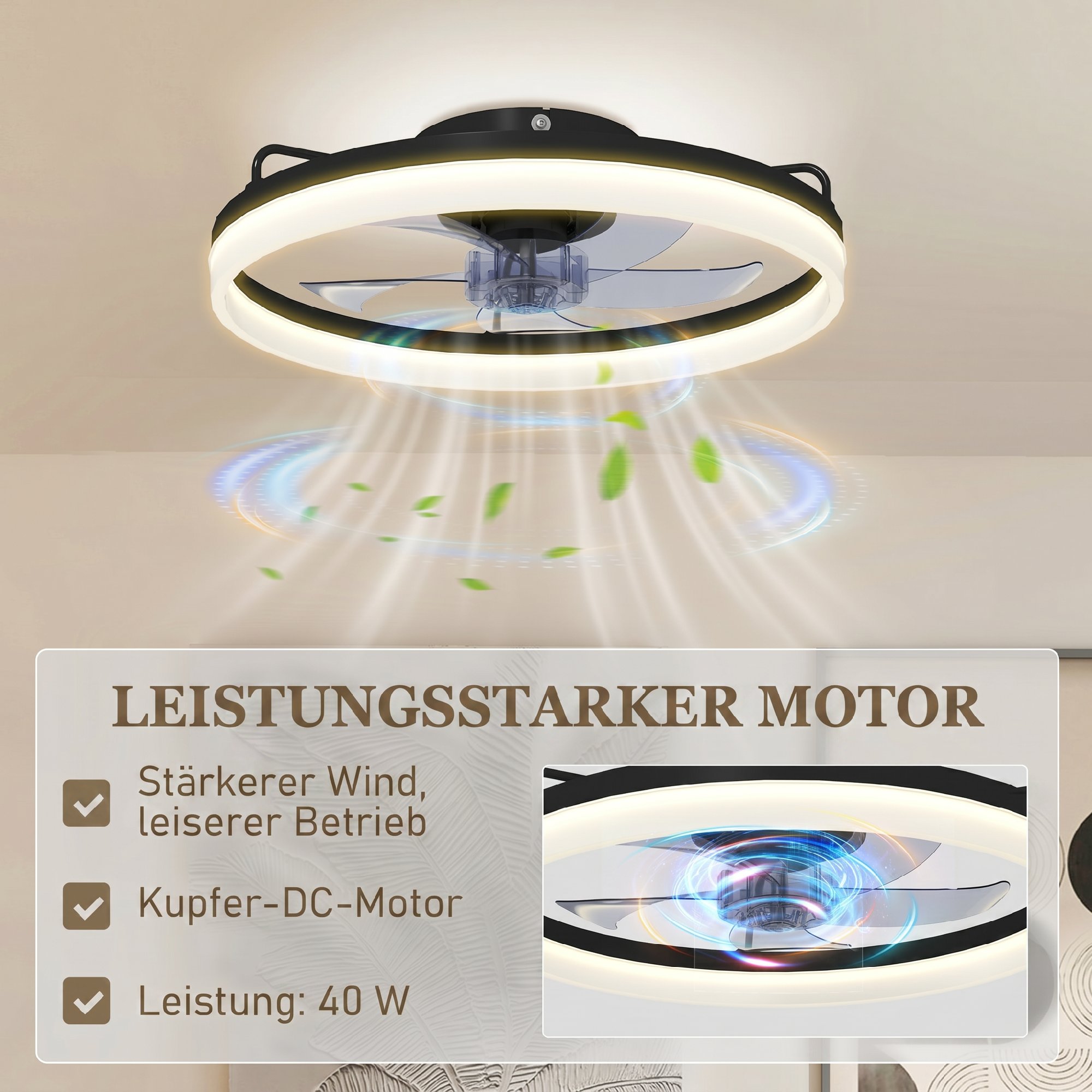 Deckenventilator mit Licht und Fernbedienung, 50 cm LED-Deckenventilator mit 3 Farben, 6 Geschwindigkeiten, Timer, Dimmbar
