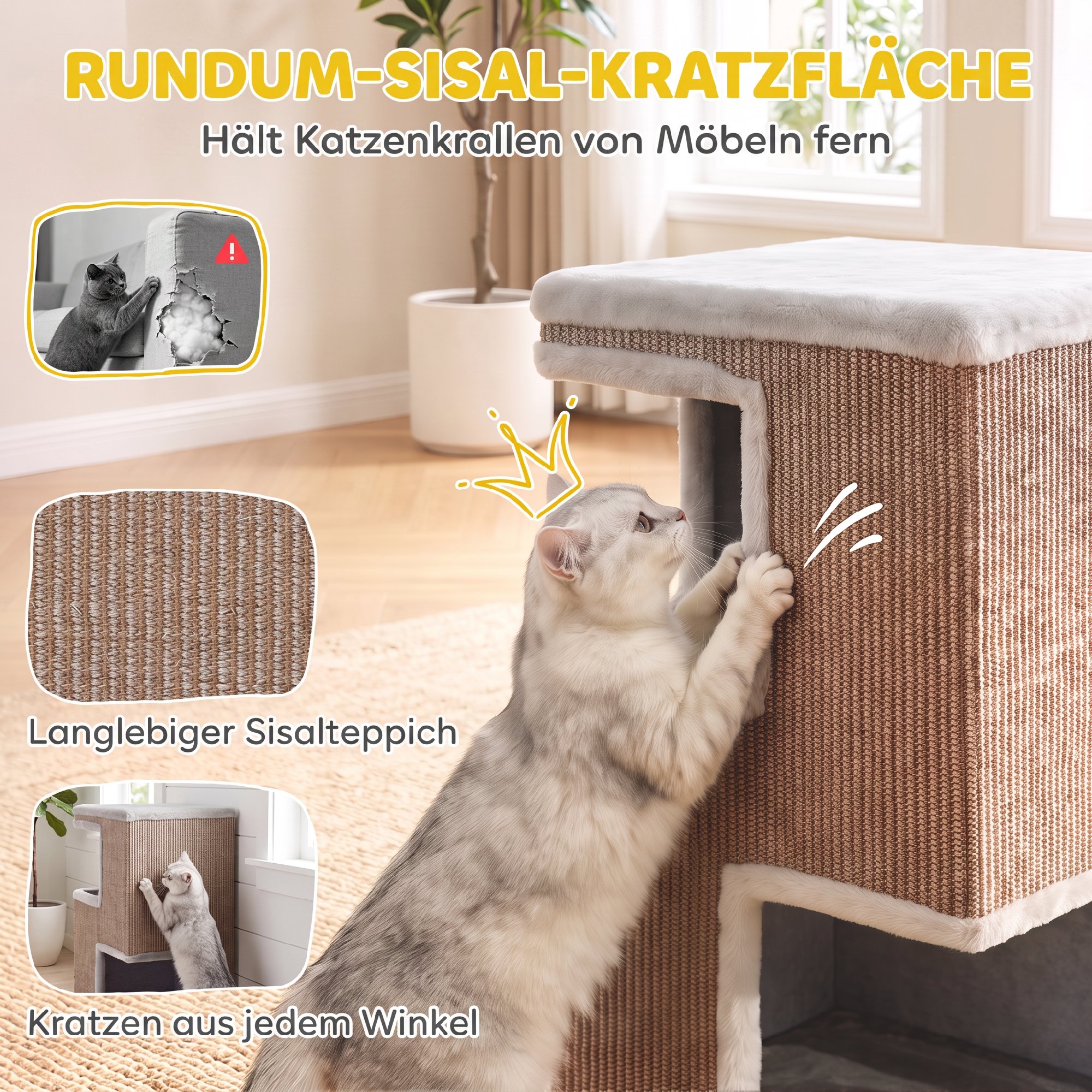 3-stöckige Katzentonne für drinnen, halbgeschlossene Katzenhöhle mit Kratzflächen rundum, 2 Katzenhöhlen