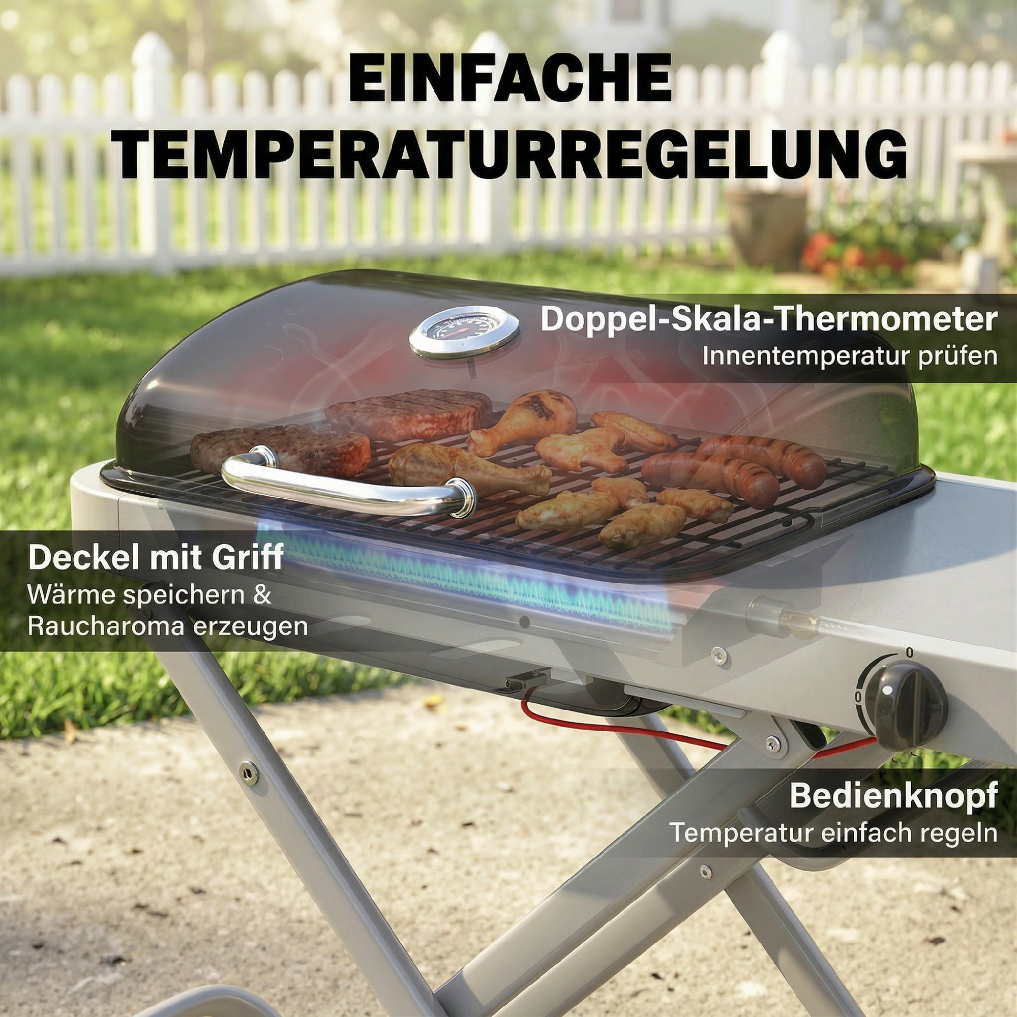 tragbarer Gasgrill 1-Brenner 2,5kW Grillwagen mit Faltbarem Rollwagen Grillrost Seitentisch Deckel Thermometer