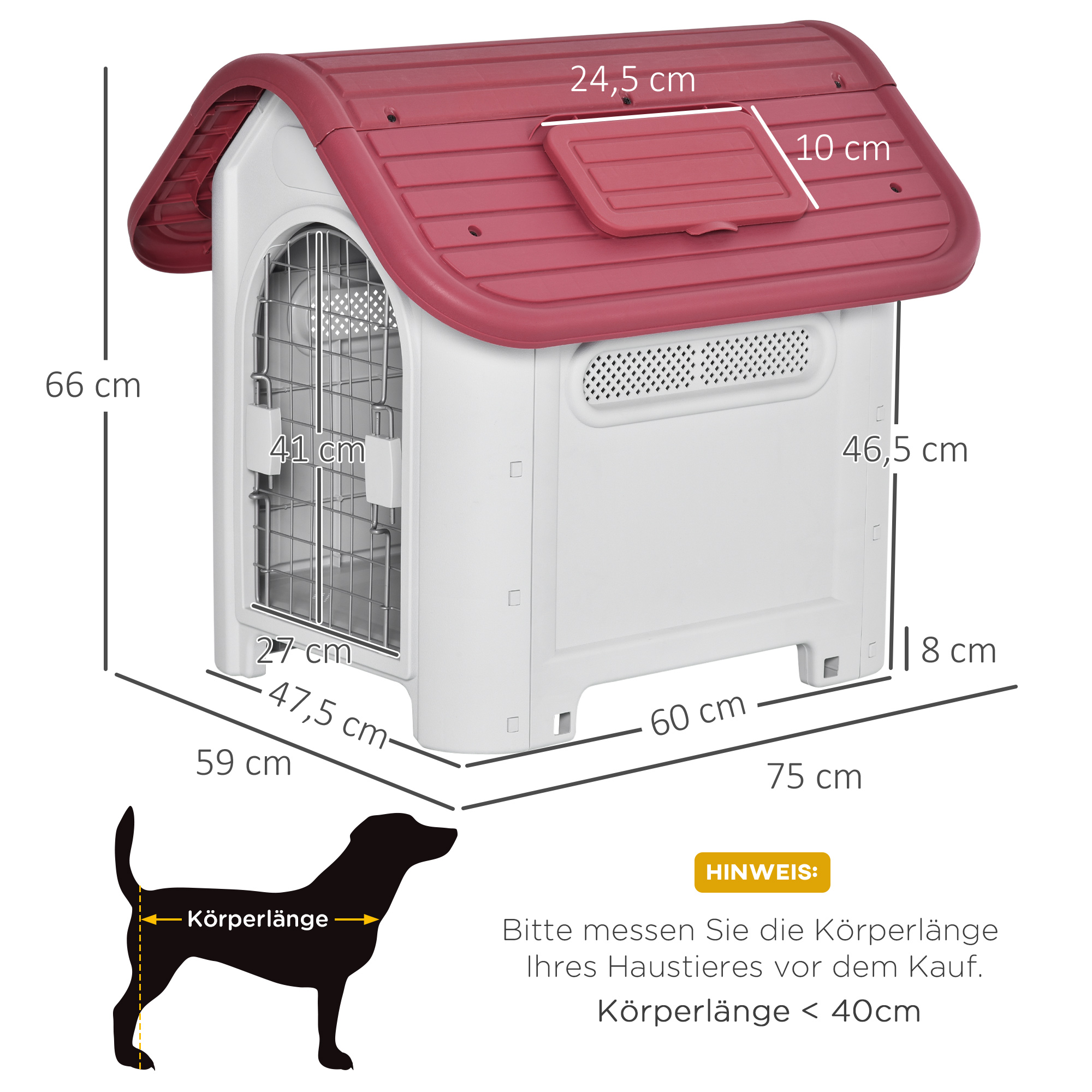 Hundehütte Outdoor, Hundehaus mit Dachluke Tor Unterschlupf, Wasserdichte Hundehöhle mit Luftzirkulation Hütte für kleine Hunde, draußen Rot+Hellgrau 59 x 75 x 66 cm