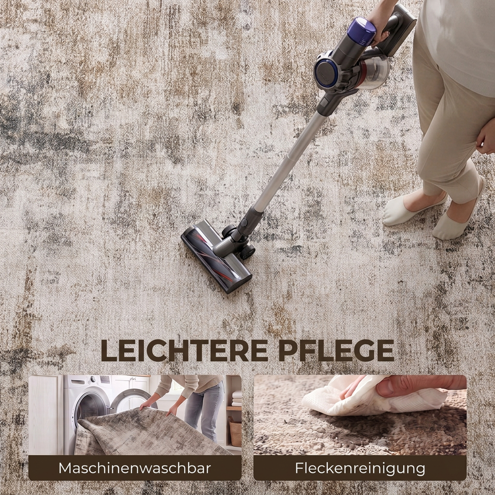 Wohnzimmerteppich, Polyester, modernes künstlerisches Muster, waschbar, Braun