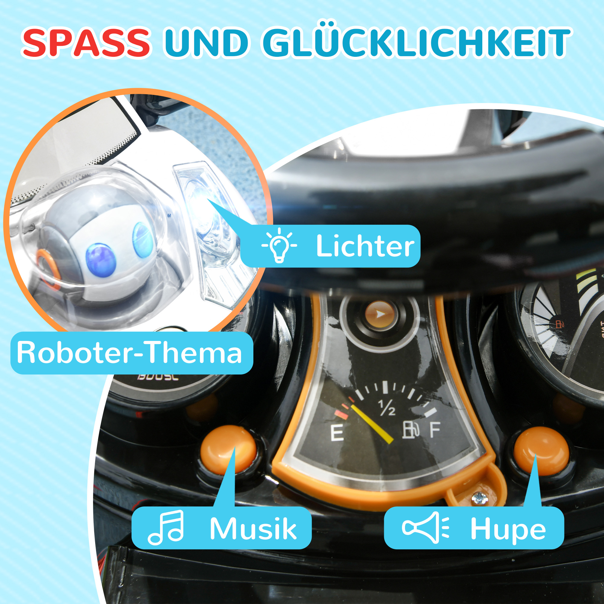 2-in-1 Rutschauto, abnehmbares Verdeck, Lichter, Musik, Hupe, Kunststoff und Metall, 96 x 39 x 90 cm, Weiß/Schwarz