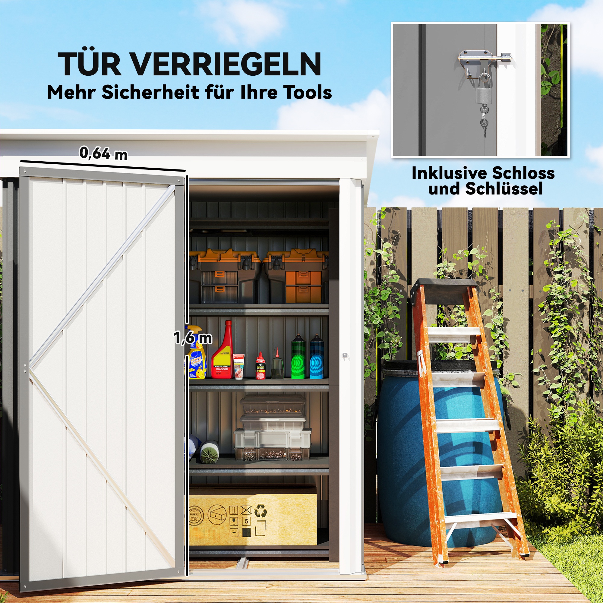 Gartenschuppen, Outdoor-Geräteschuppen aus Wellstahl, Wanddesign, verstellbare Regalböden, verschließbare Tür, Grau