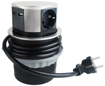 Schreibtisch-Einbausteckdose 3x +USB A+C / versenkbar, Edelstahl-Ausführung, rund