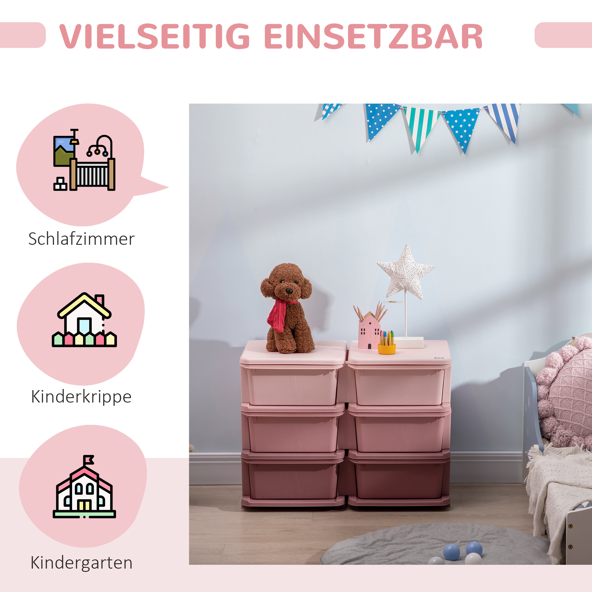 Aufbewahrungsbox für Kinder, Kinder-Aufbewahrungsbox, 3 Schubladen, Rosa