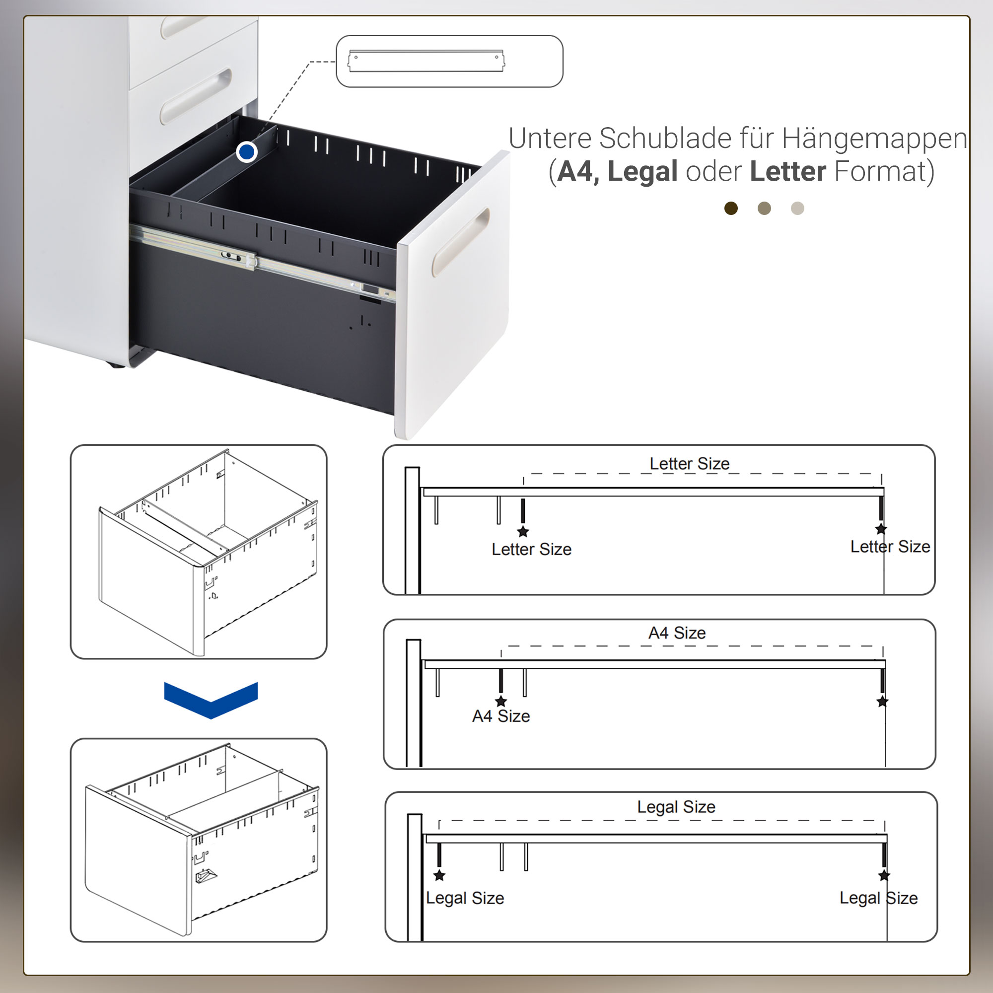 Rollcontainer mit 3 Schubladen mobiler Aktenschrank mit Rollen abschließbar Büroschrank mit Hängeregistratur Stiftfach, Bürocontainer Schreibtisch Unterschrank für Büro 39x48x59cm Weiß