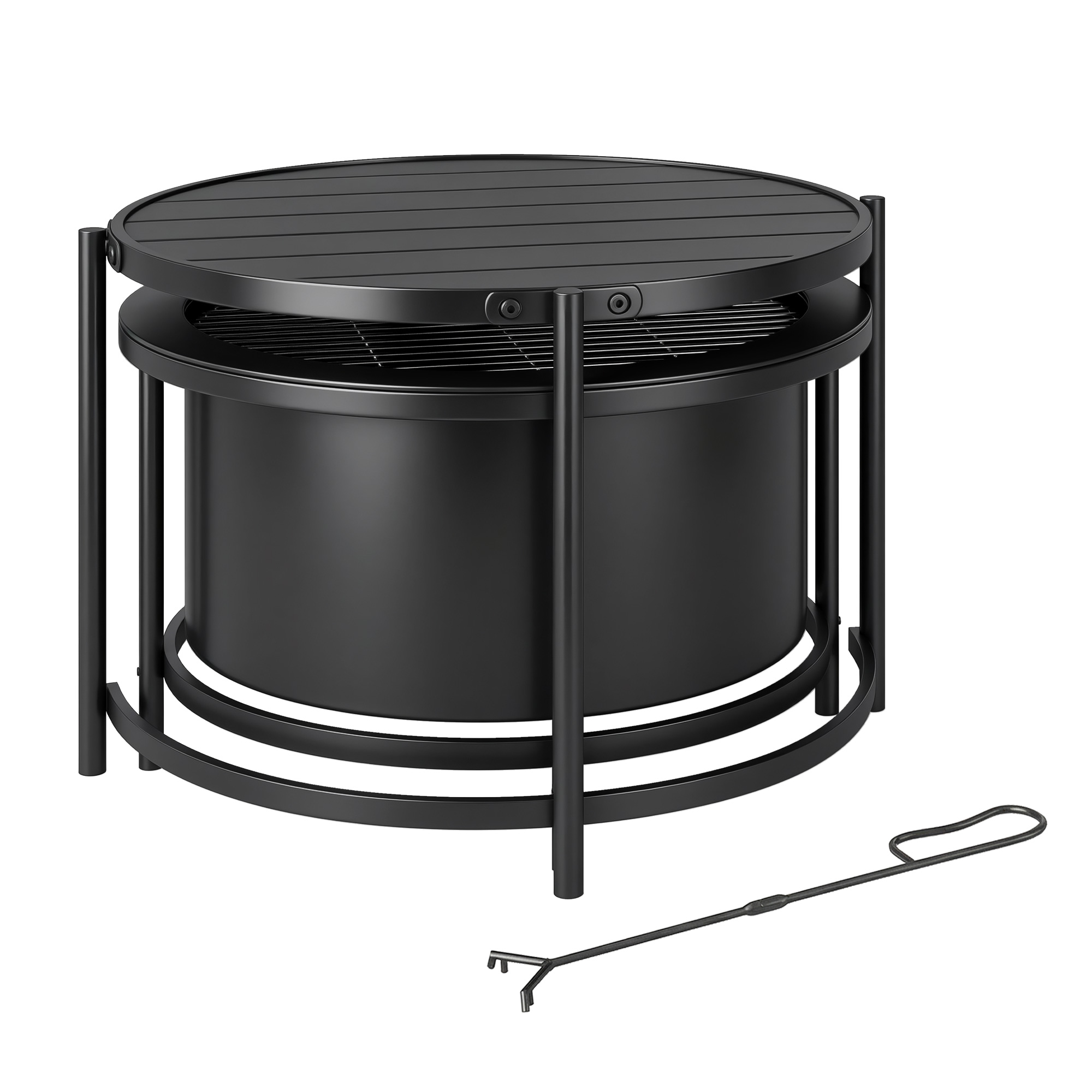 Feuerschale 66 x 63 x 41 cm Rund Feuerstelle mit Grillrost Schürhaken Deckel Ständer Schwarz
