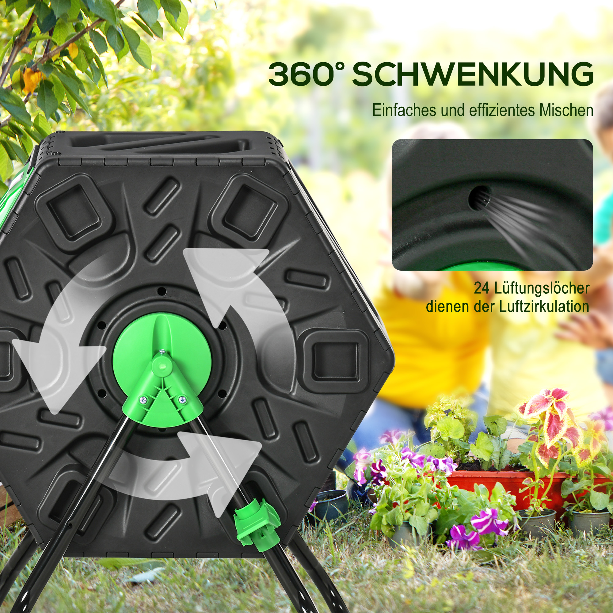 Kompostbehälter, 65 Liter Komposter, drehbar, kompakt, 24 Belüftungslöcher, Stahl, Kunststoff, Grün+Schwarz