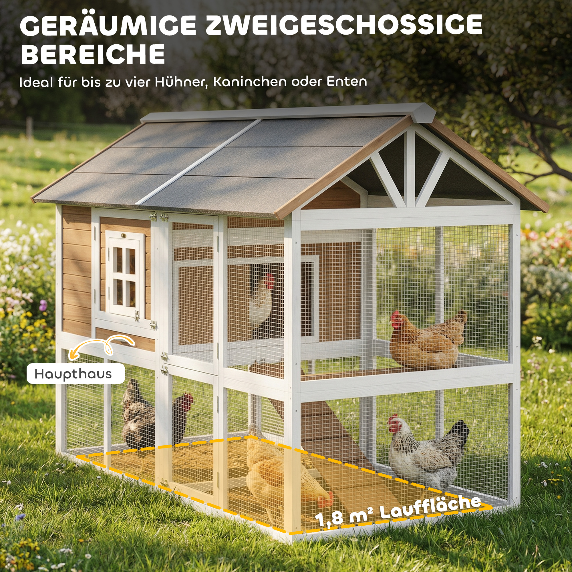 Hühnerstall Hühnerhaus mit Auslauf Nistkasten herausziehbarem Tablett Asphaltdach für 4 Hühner 200x104x145cm Holz Braun