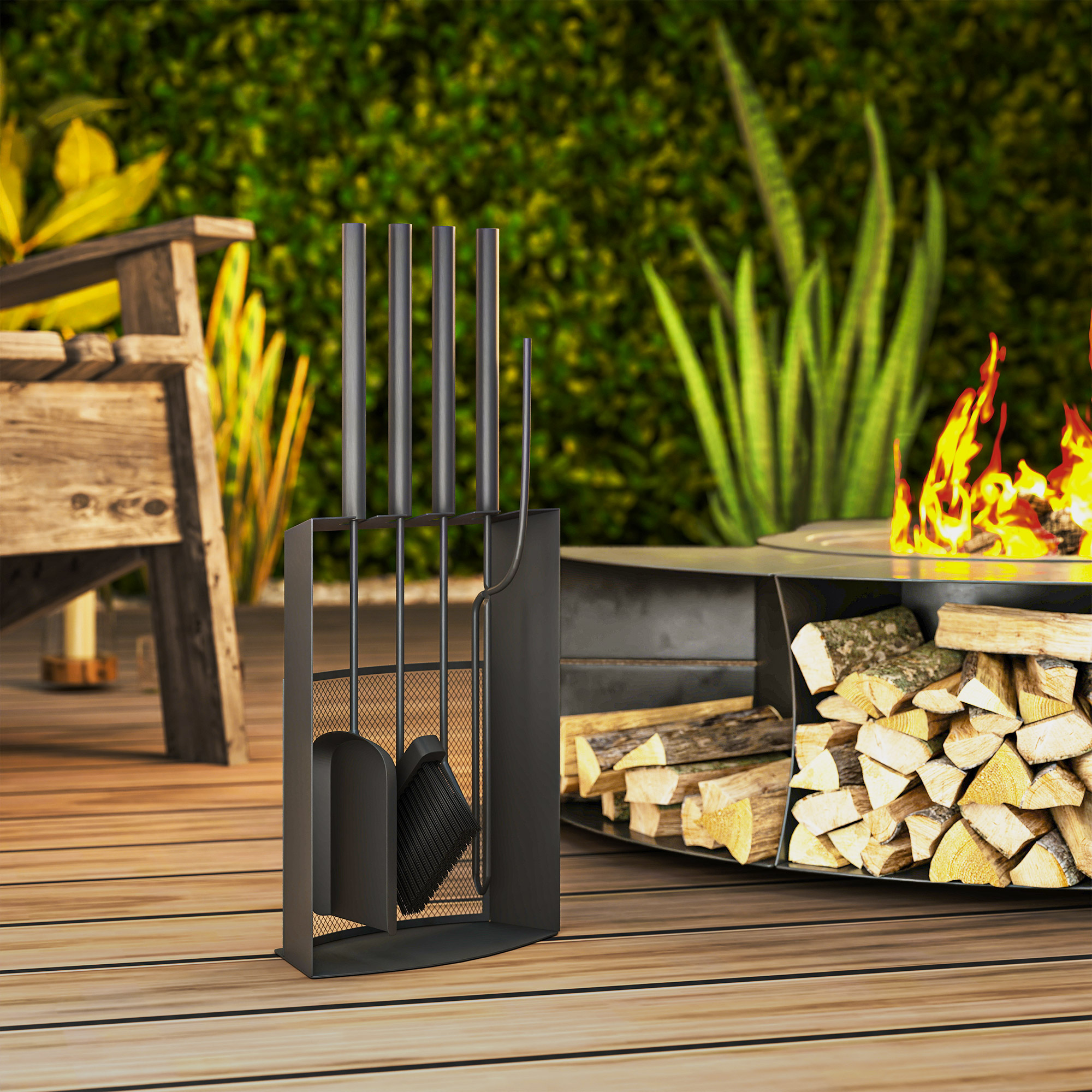 Kaminbesteck Set 5teilig Kaminzubehör mit Besen, Schaufel, Schürhaken Zange Ständer Metall, Schwarz