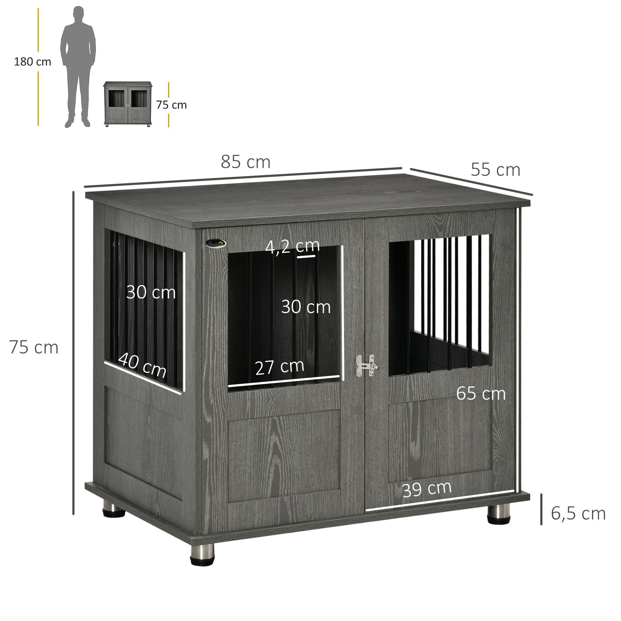 Hundebox, Haustierbox, Hundehütte mit Schloss, Magnettür, Hundehaus mit Fenster, für große Hunde, 85 x 55 x 75 cm, Grau