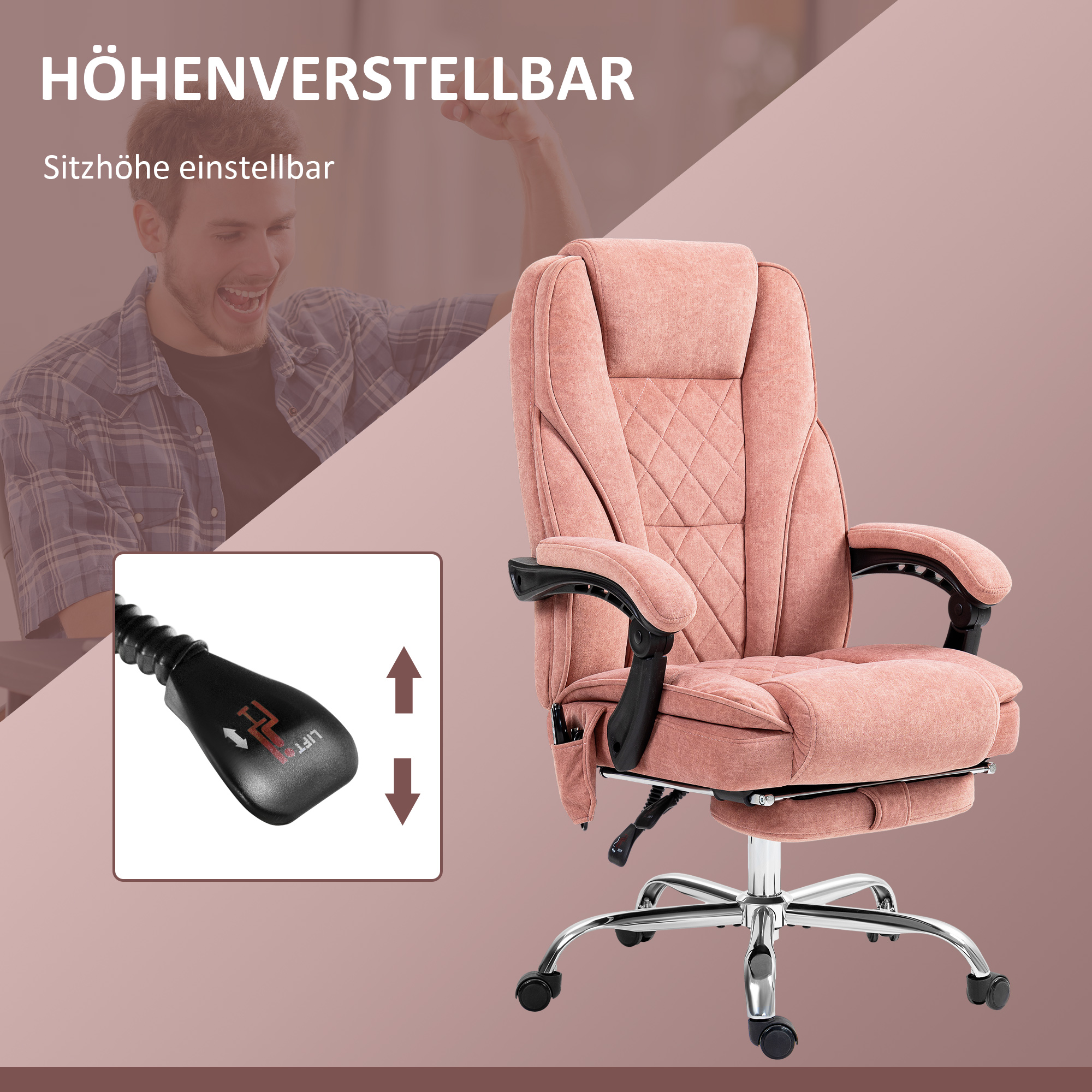 ergonomischer Bürostuhl mit Massagefunktion, Fußstütze, drehbar, rollbar, Rosa