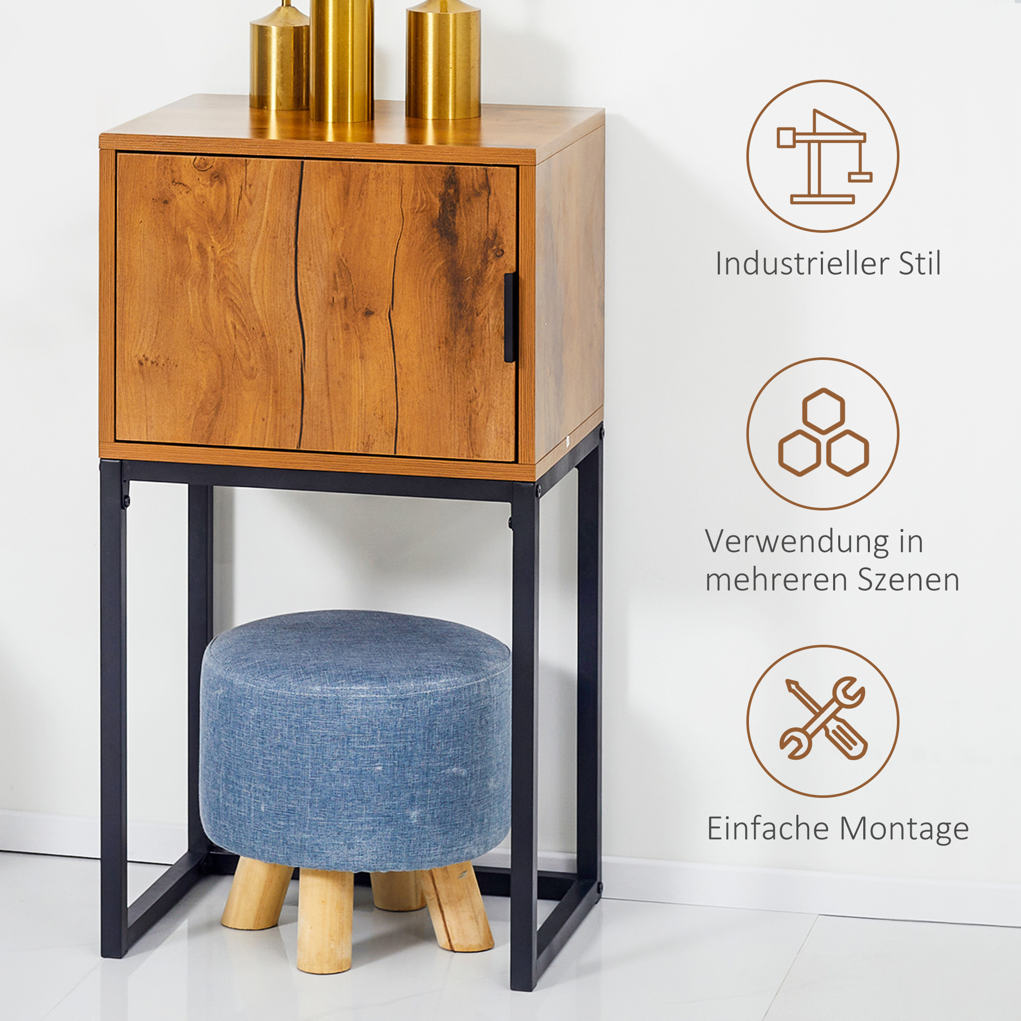 Konsolentisch im Industiriedesign, Beistelltisch, Sideboard, 1 Schrank, Braun + Schwarz