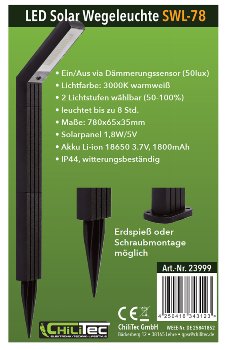 LED Solar Wegeleuchte "SWL-78" IP44 / 63cm, Dämmerungssensor, 3000k warmweiß