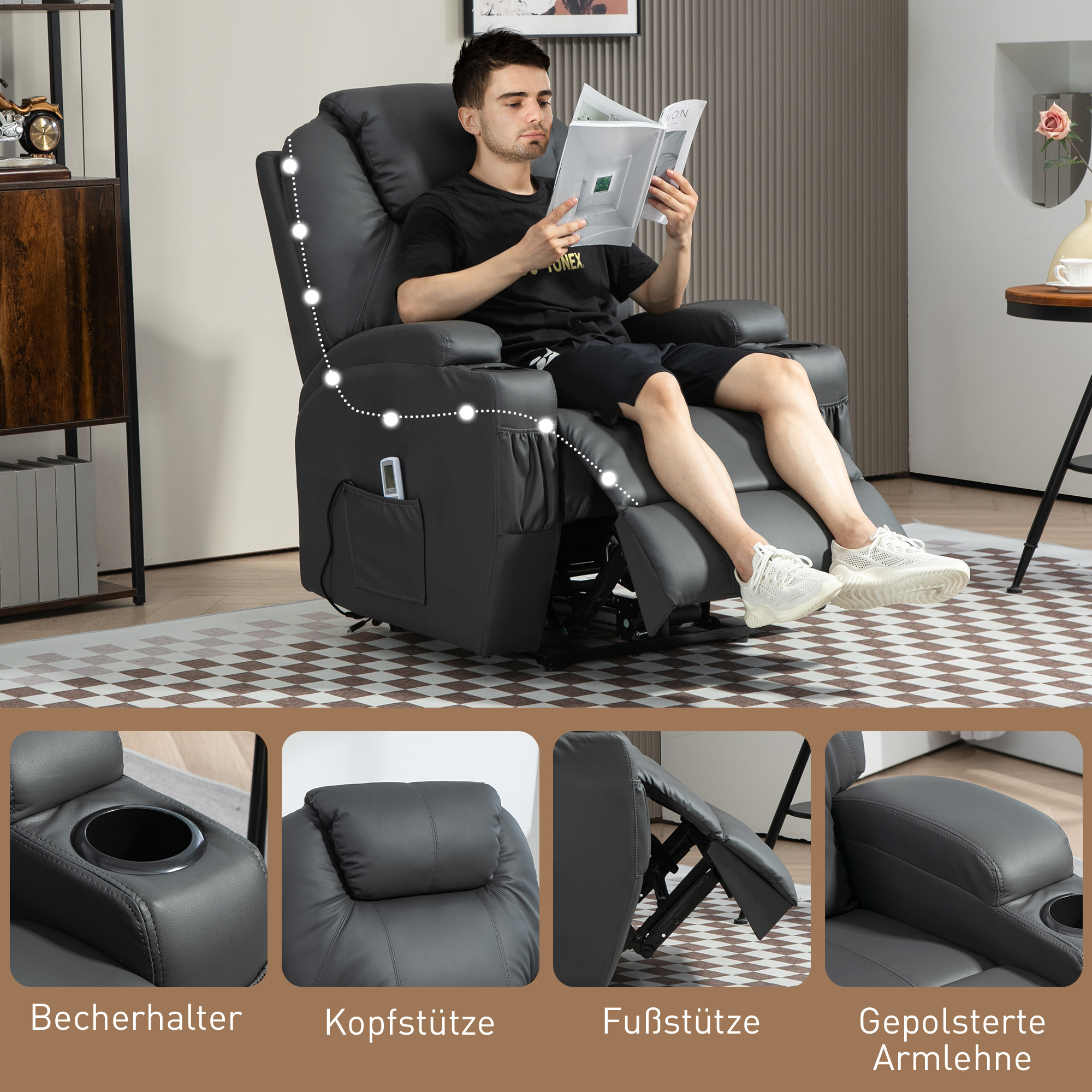 Massagesessel, elektrisch verstellbar, 8 Vibrationspunkte, Becherhalter, Kunstleder, Dunkelgrau