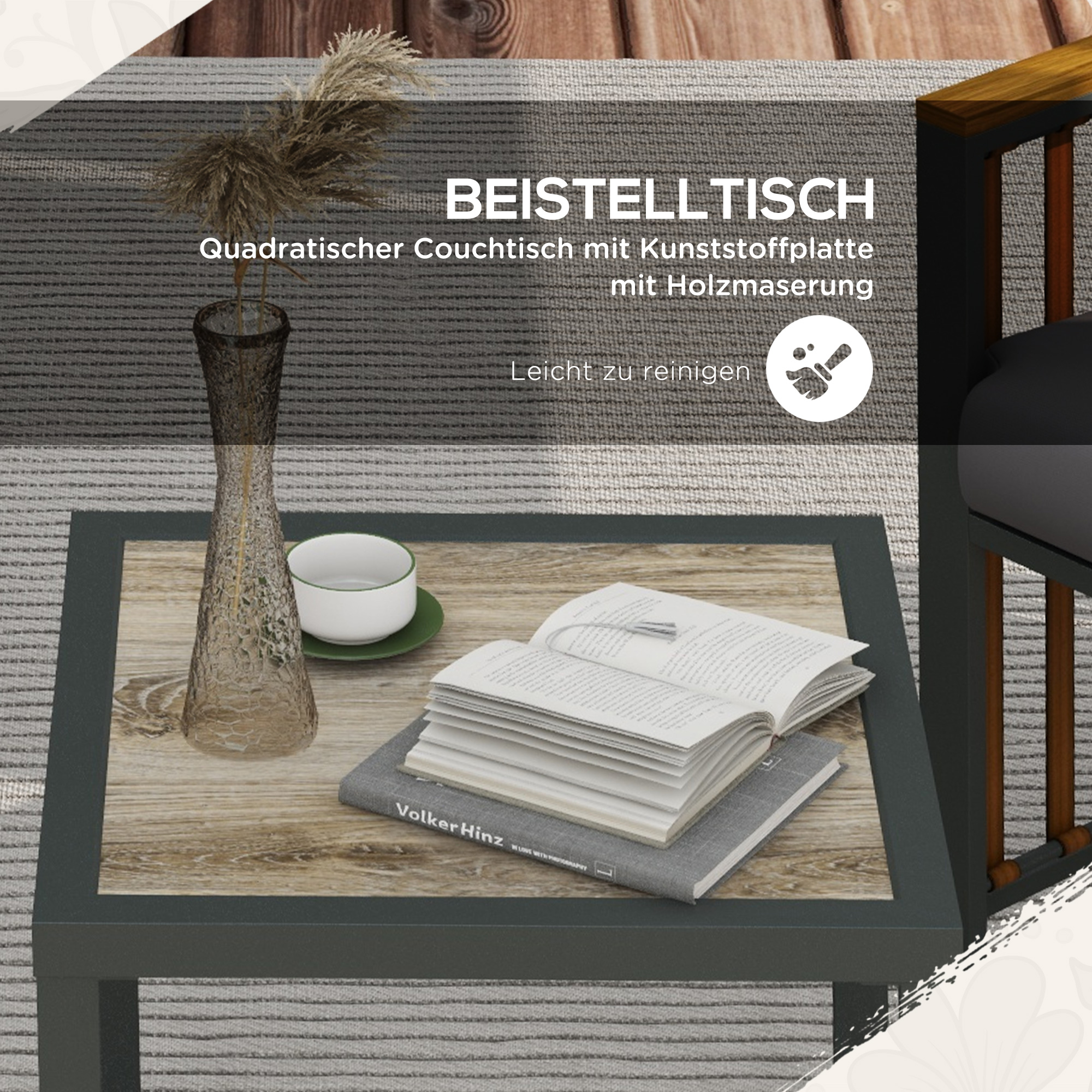 Gartengarnitur, 3-teilig, inkl, Sitzkissen, Holzdekor, rostfreier Metallrahmen, Grau