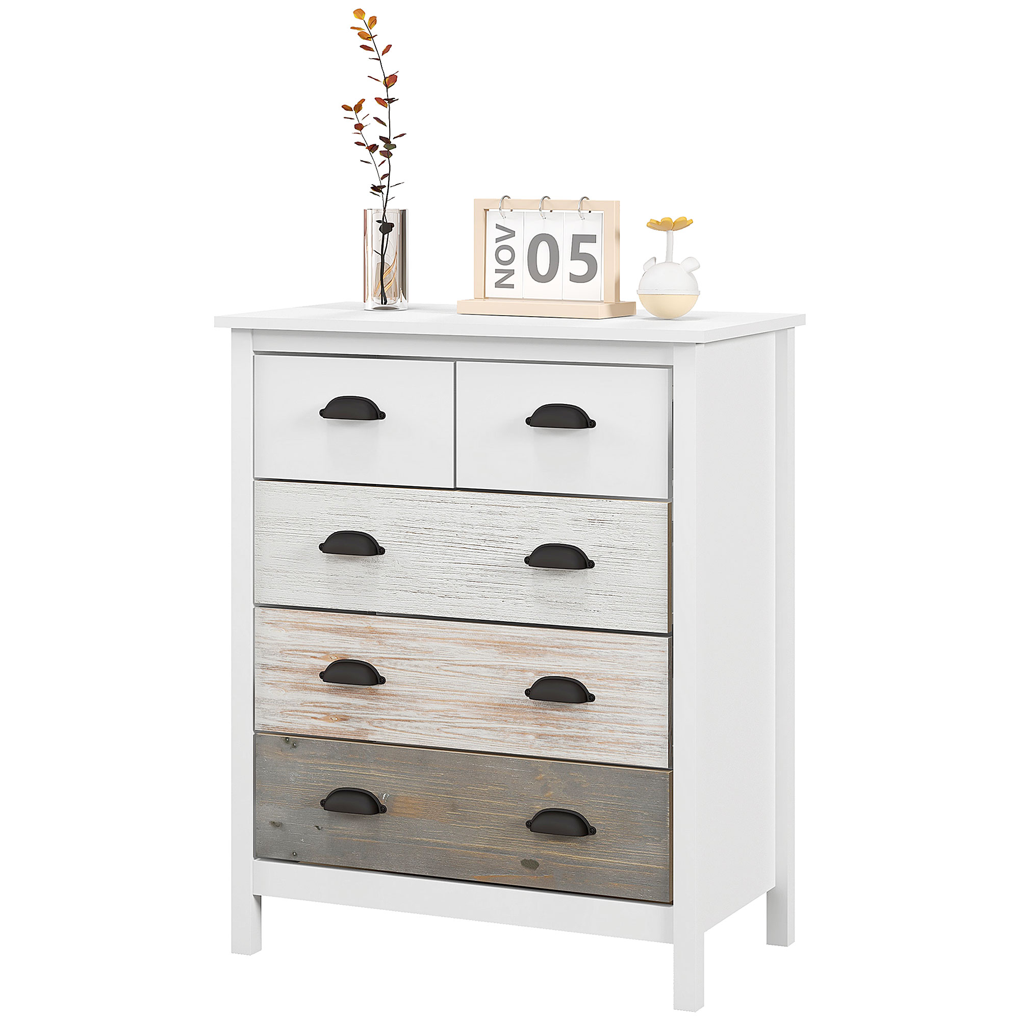 Sideboard, Kommode, 5 Schubladen, lackierte Oberfläche, MDF & Kiefernholz, 70 x 38 x 85 cm, Weiß