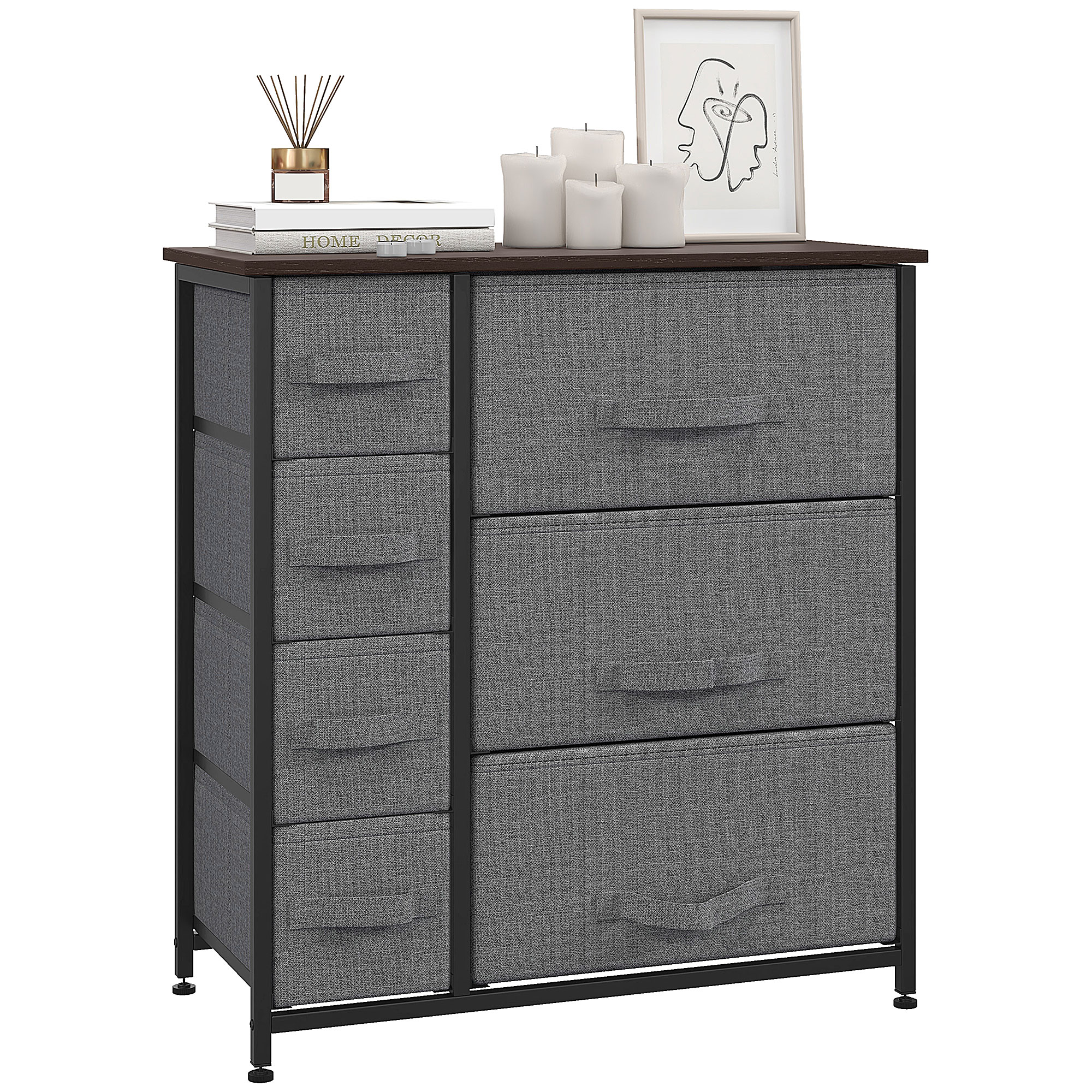 Kommode mit 7 faltbaren Stoffschubladen, Vlies, Metallgestell, 63,5 x 30 x 71 cm, Dunkelgrau