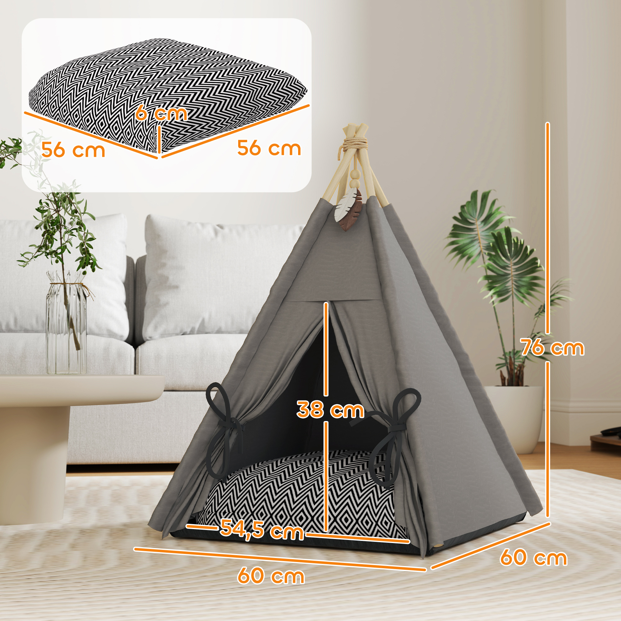 Tipi-Zelt für Haustiere, Tierbett im Tipi-Design, Katzenzelt mit Kissen, Hundebett zum Schlafen, Katzenbett, Grau