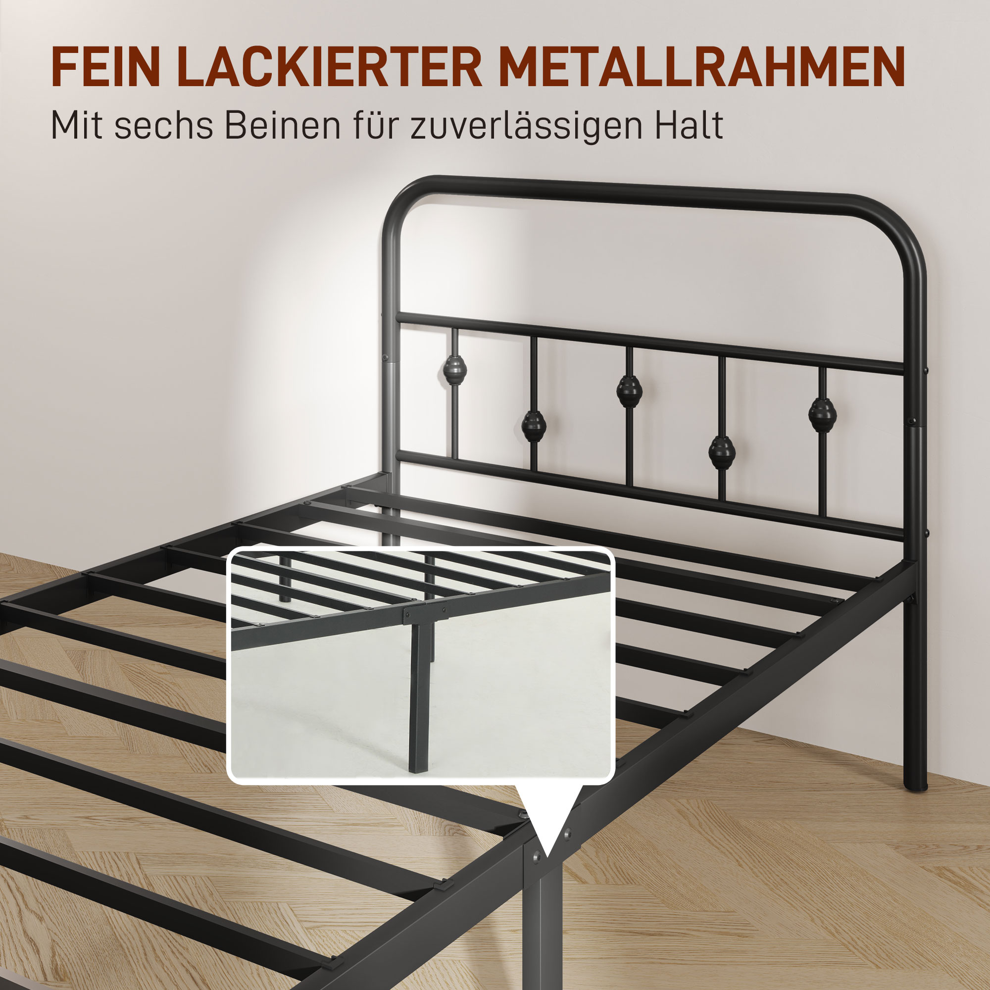 Einzelbettgestell aus Metall, Leichte Montage, mit geräuschreduzierenden Gummikits, Schwarz