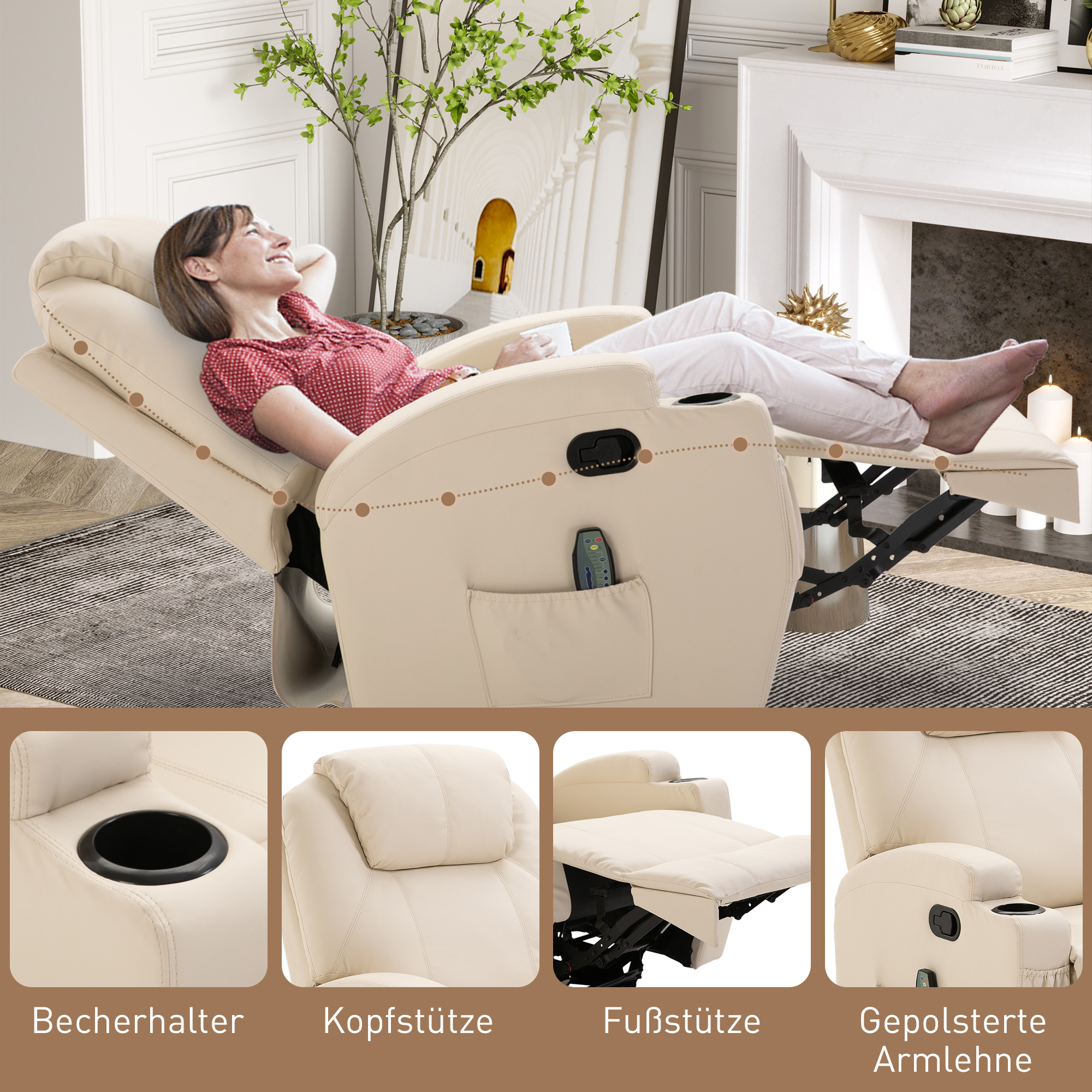 Massagesessel Elektrisch Relaxsessel Fernsehsessel Massagefunktion 5 Massage-Modi Liegefunktion Kunstleder Holz Metall Schaumstoff Cremeweiß 84 x 92 x 109 cm