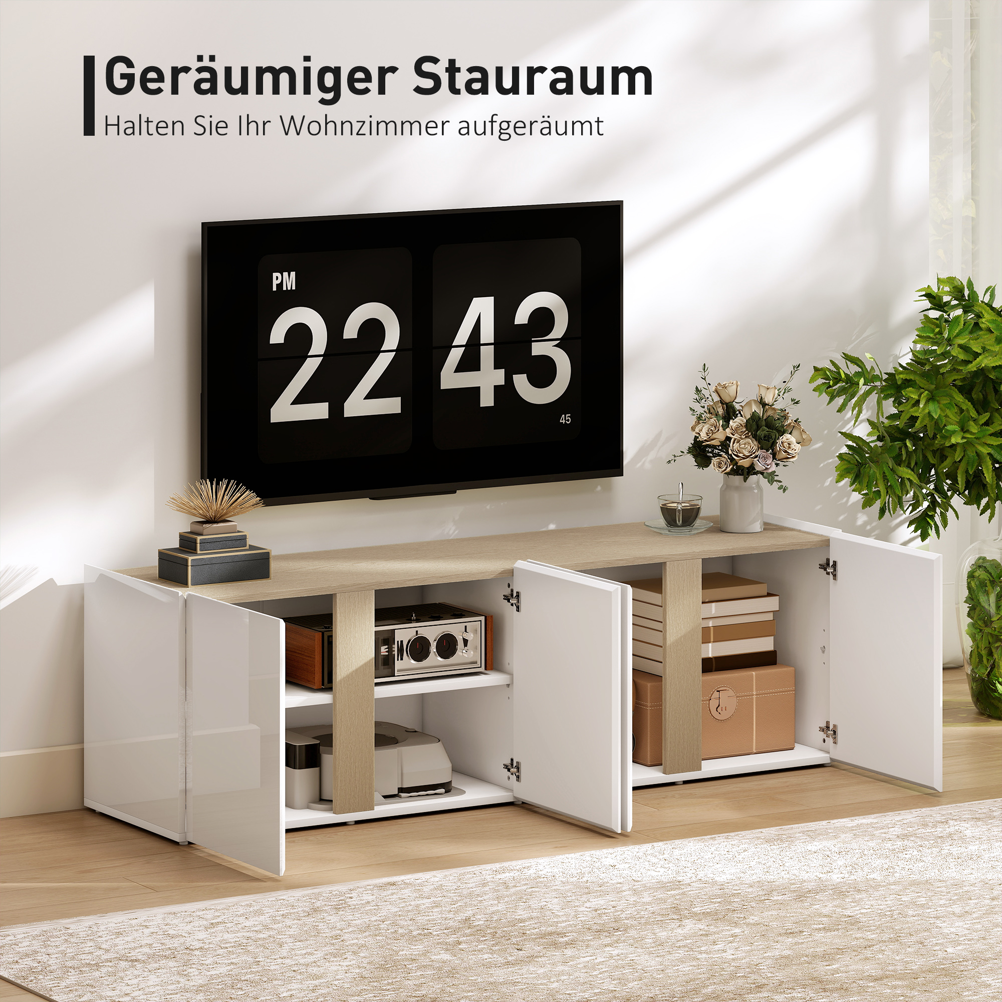TV-Kommode für 65-Zoll-Fernseher, Fernseh-Schrank mit Soft-Close-Türen, anpassbare Regale, Kabellöcher, für Wohnzimmer, Weiß