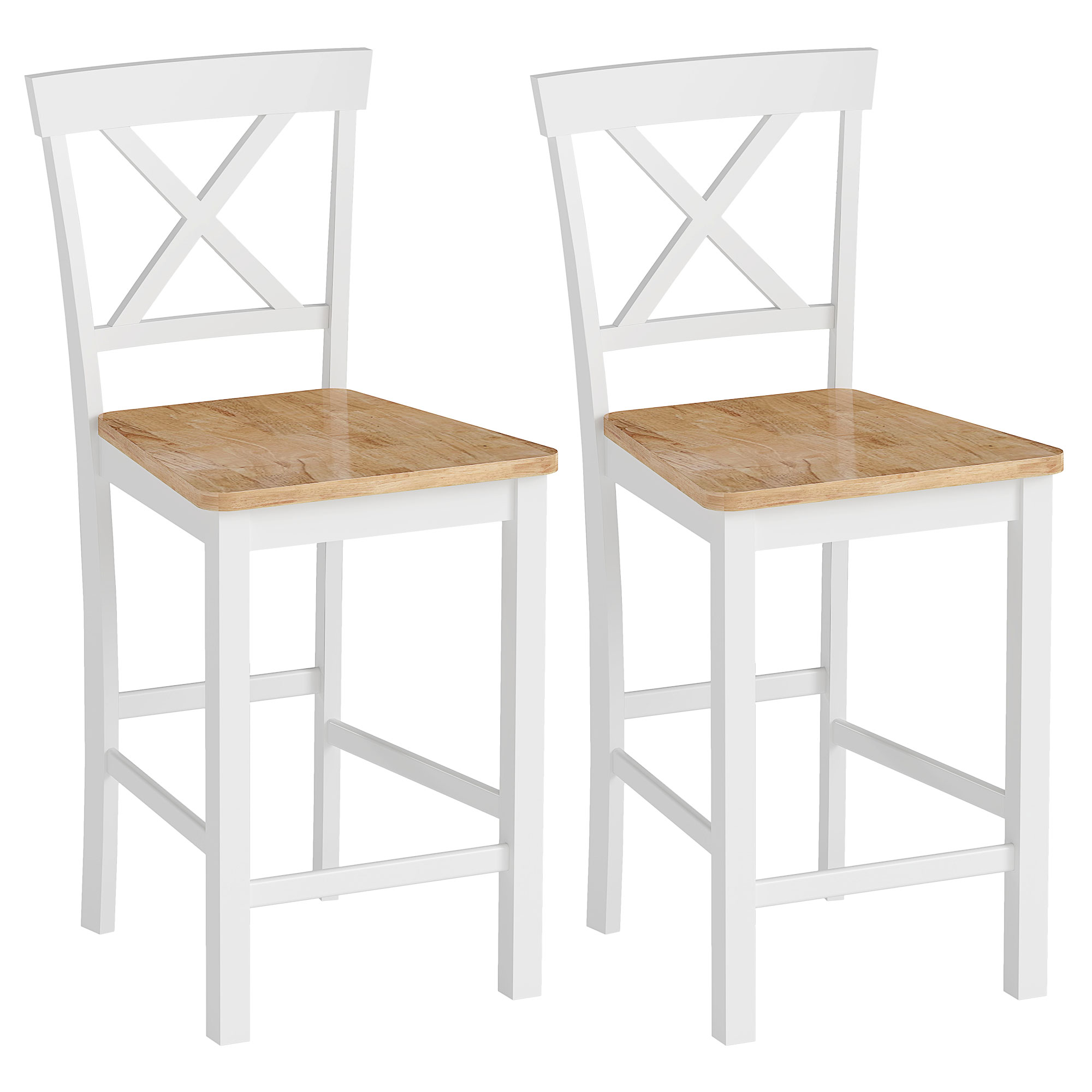 2er-Set Barstühle mit Rückenlehne und Fußstütze, Kautschukholz, für Küche, Esszimmer, Bar, Eiche+Weiß
