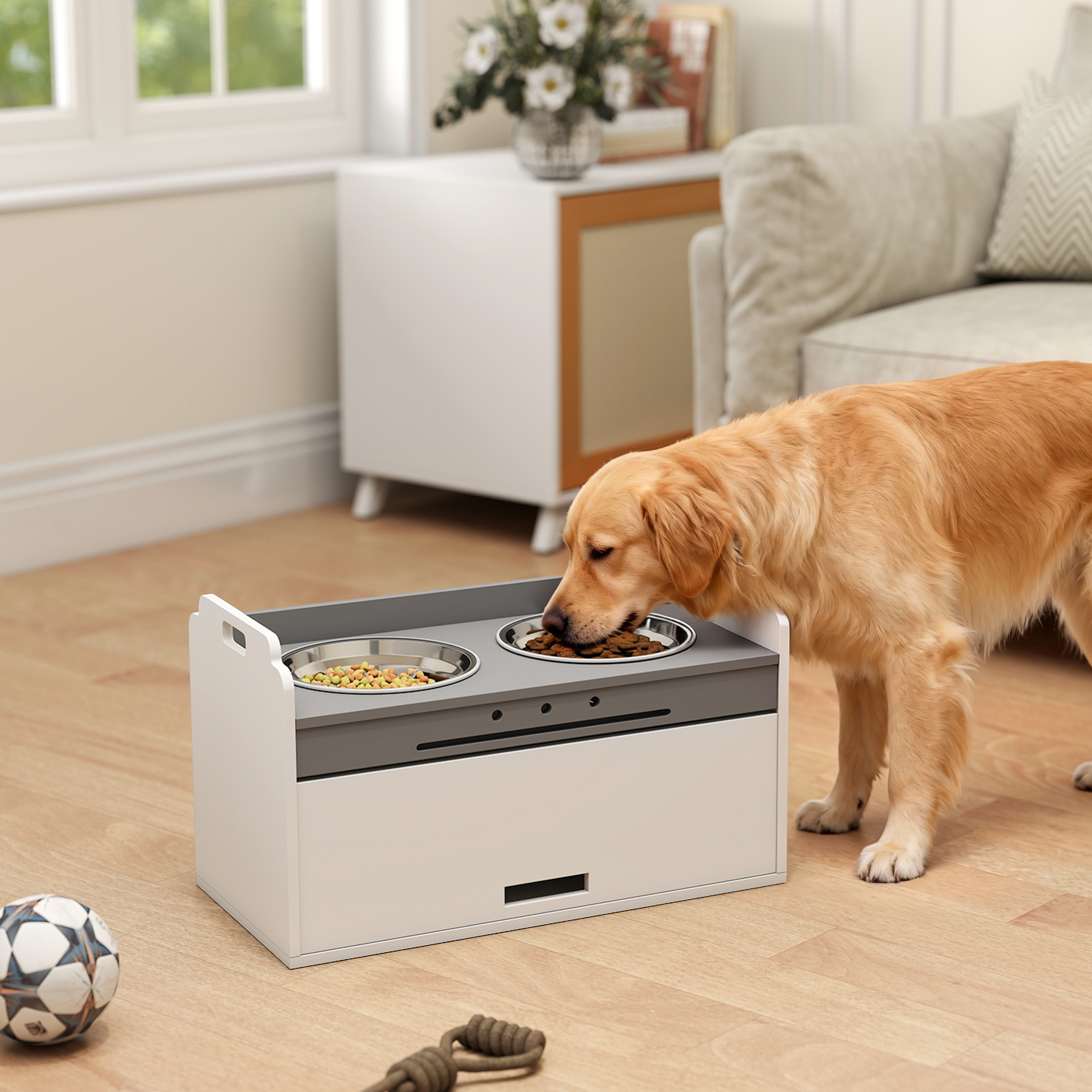 Hundenapf erhöht Futternapf mit Aufbewahrungsschrank, 2 Schüsseln mit Anti-Rutsch-Ringe, 60 x 30 x 35,5 cm, Weiß