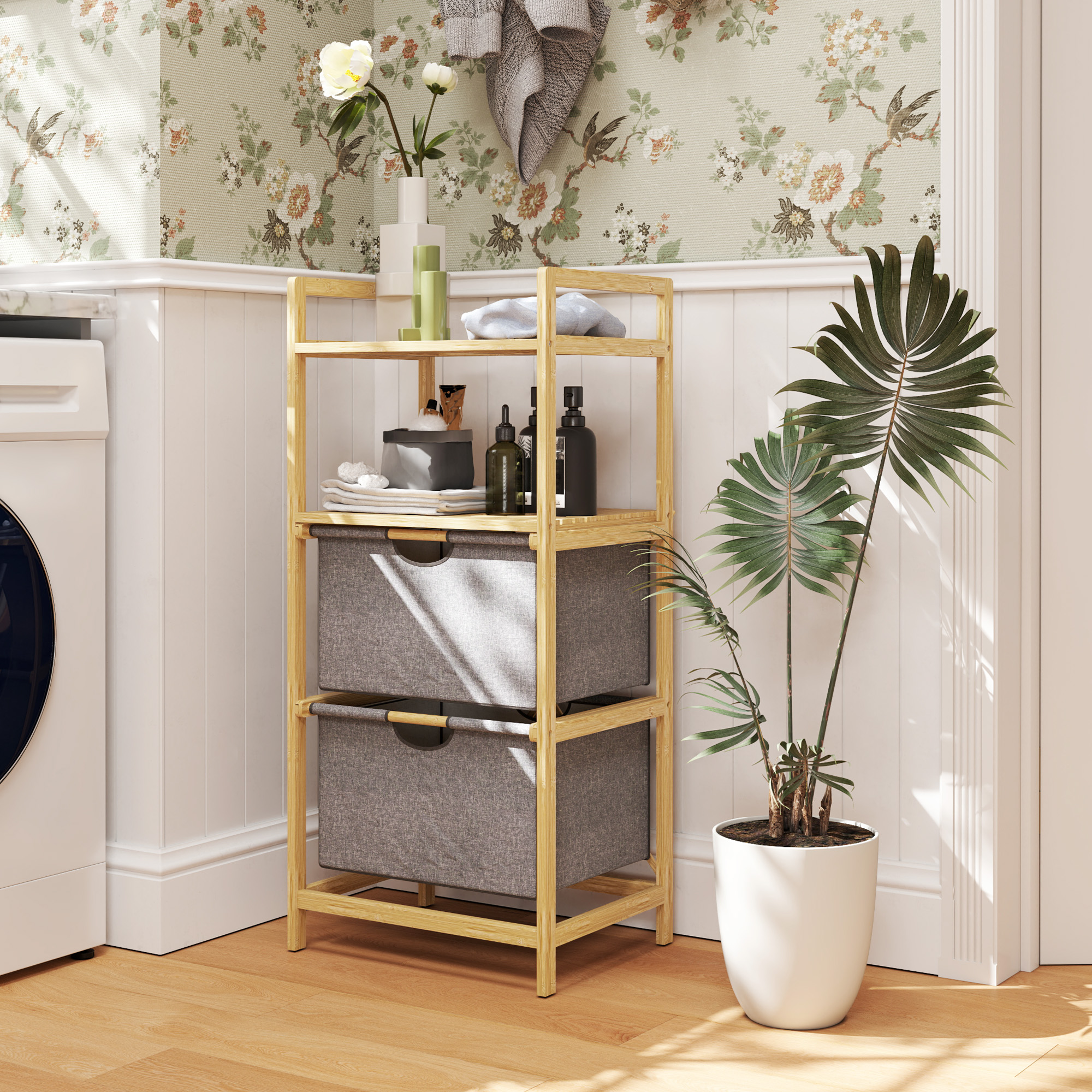Bambus-Wäscheregal, mit 2 Wäschekörben aus Stoff, offene Ablagen, platzsparend, Naturholz
